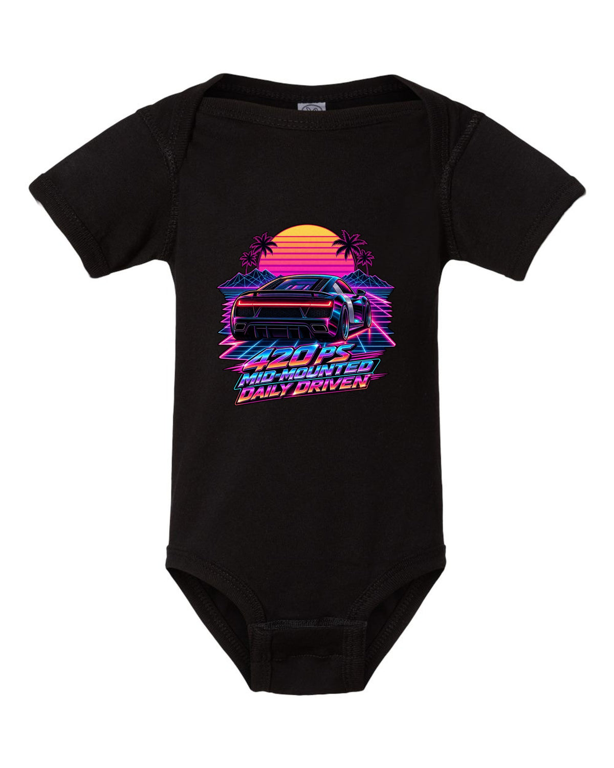 80s synthwave print of an Audi R8 Type 42 rear lights with Daily Driven text black baby onesie front view with the design