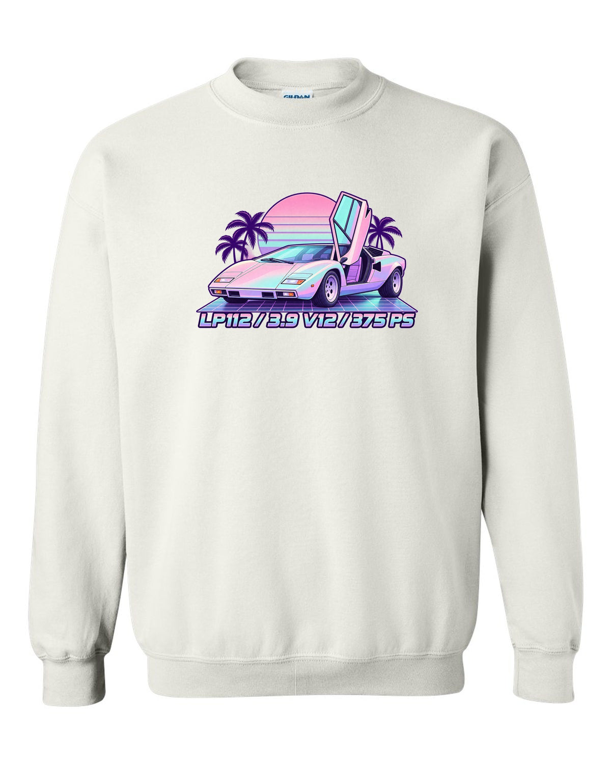 Pastel vaporwave Lamborghini Countach LP400 with LP112, 3.9 V12 and 375 PS lettering white crewneck front view with the design
