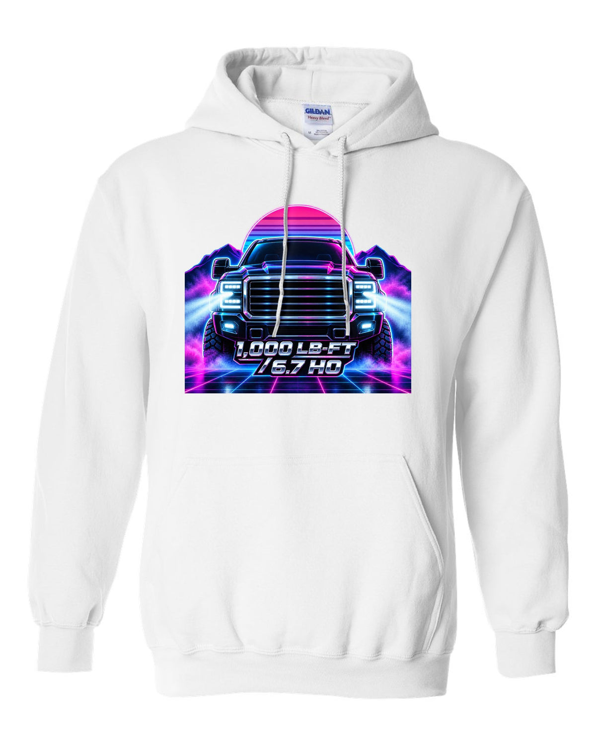 Neon synthwave grid print of a 2019-2024 Ram HD 2500 6.7 Cummins HO white pull over hoodie front view with the design