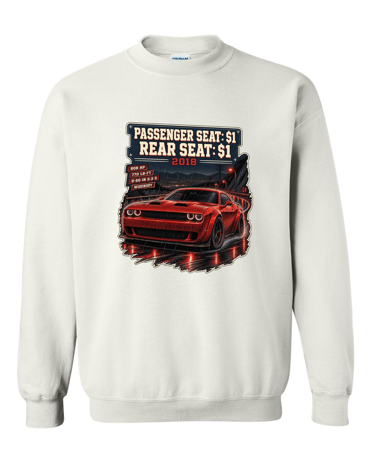 2018 Dodge Challenger SRT Demon on a night street print with seat price text white crewneck front view with the design