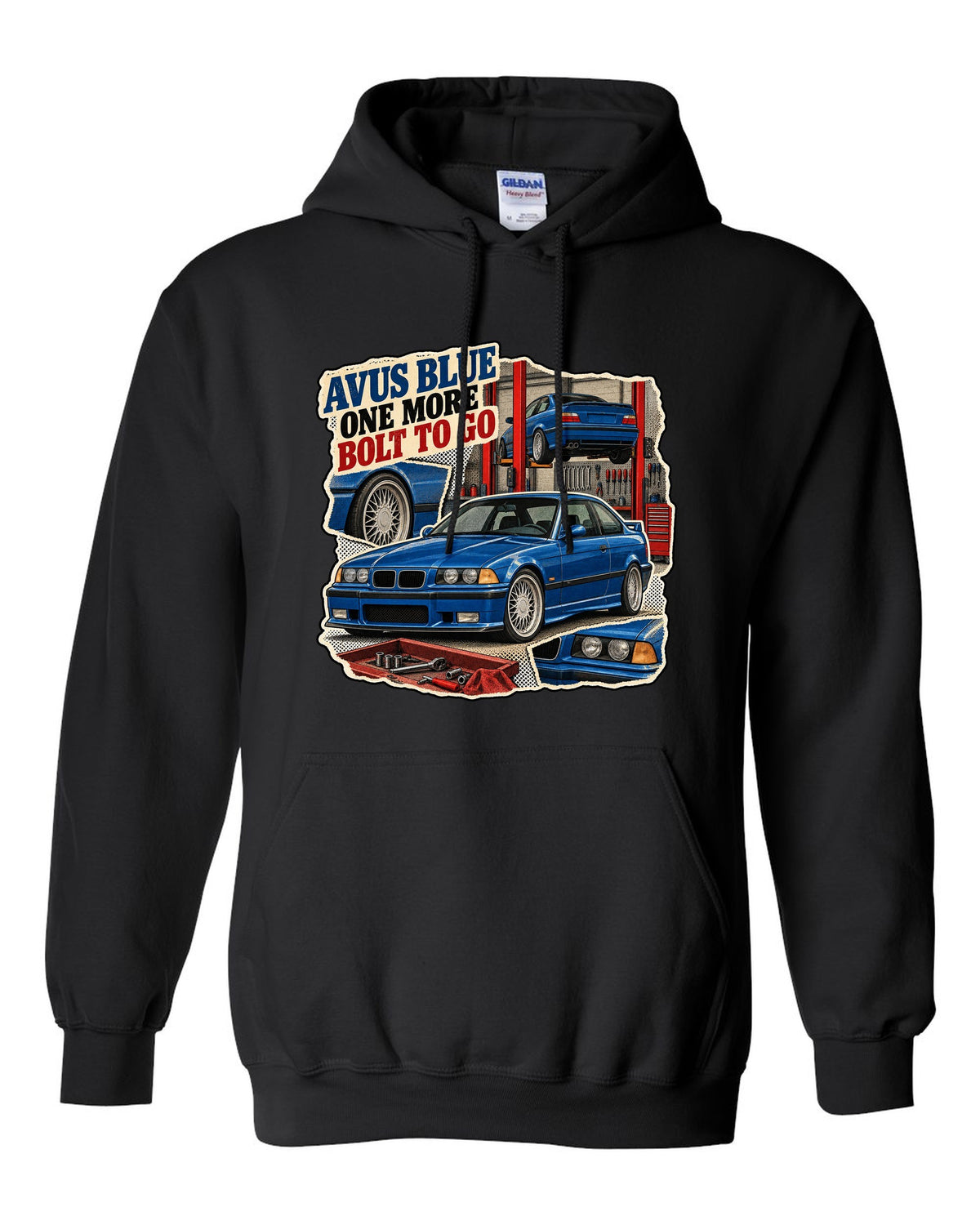 Vintage magazine ad collage print of an Avus Blue BMW E36 M3 with one more bolt to go text black pull over hoodie front view with the design
