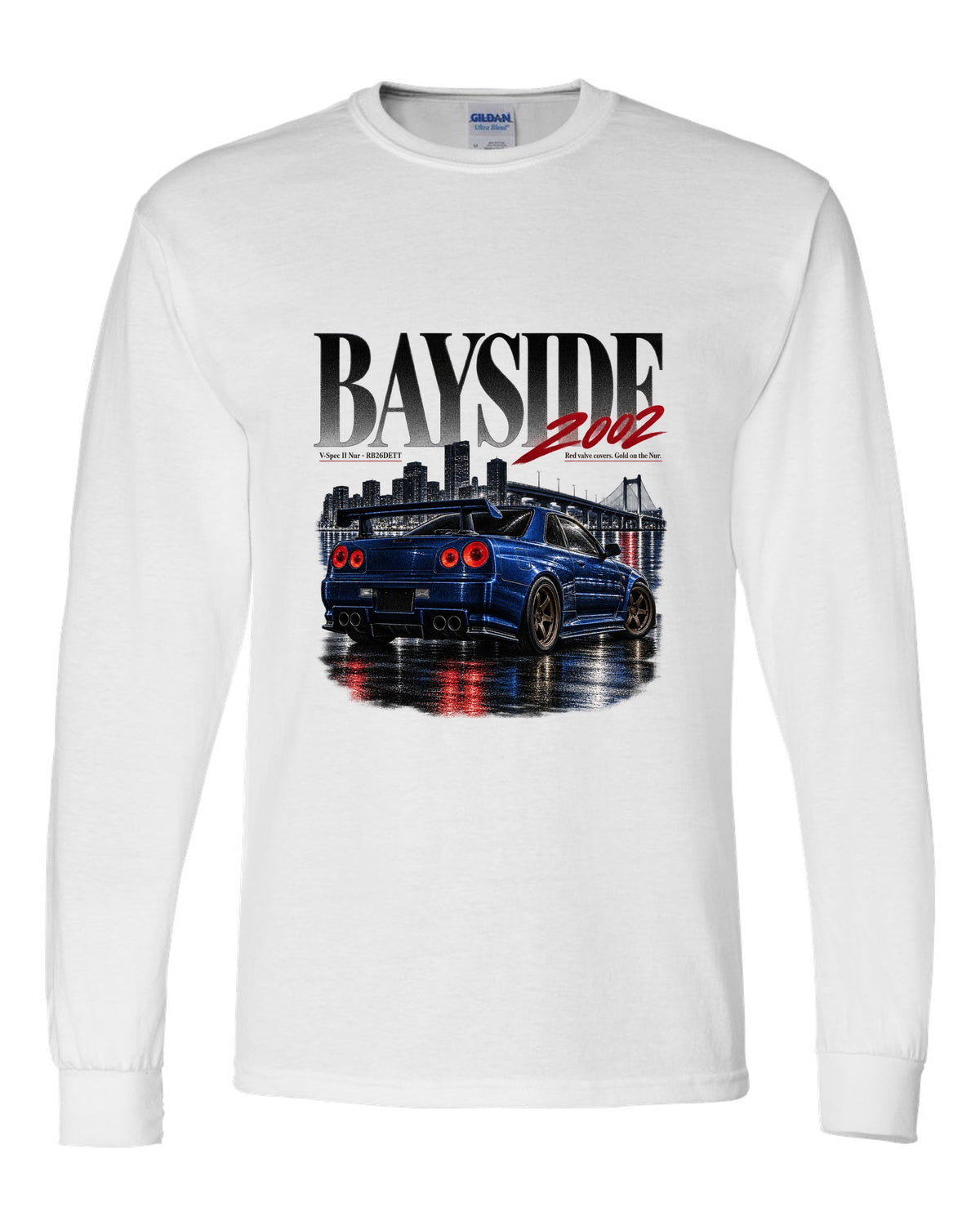 Editorial print of a Nissan Skyline GT-R R34 V-Spec II Nur rear with RB26DETT text white long sleeve front view with the design