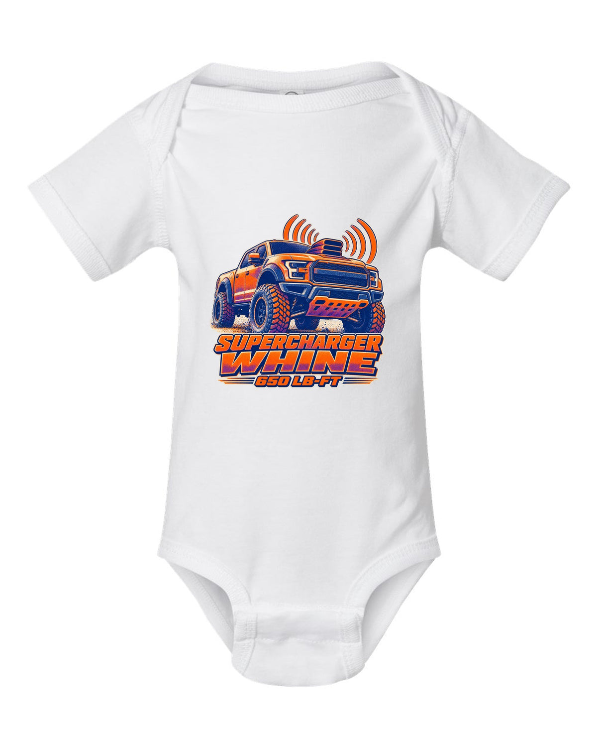 Halftone risograph print of a Ram 1500 TRX hood scoop with supercharger whine text white baby onesie front view with the design