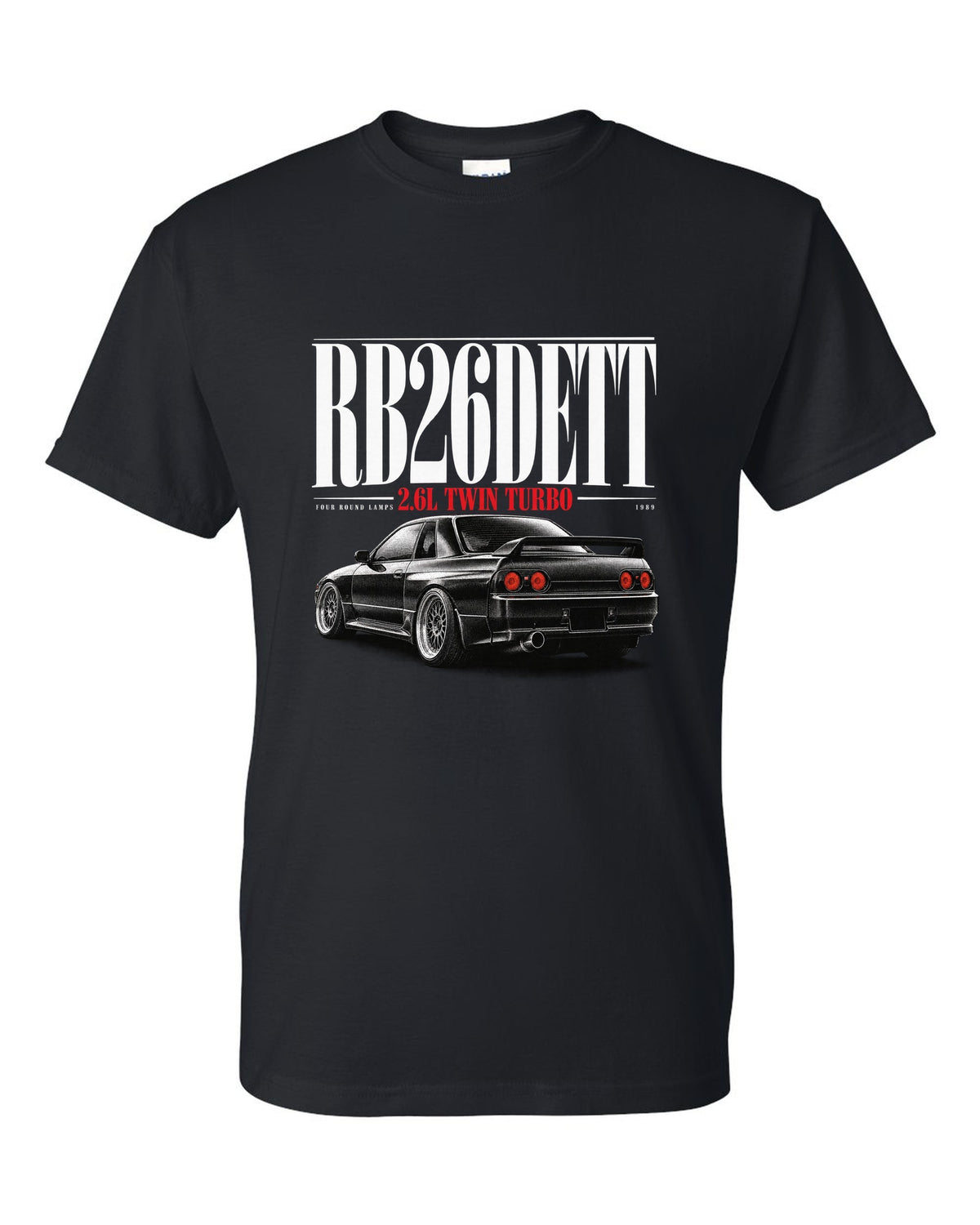 Editorial headline print of a Nissan Skyline GT-R R32 BNR32 with RB26DETT text black t-shirt front view with the design