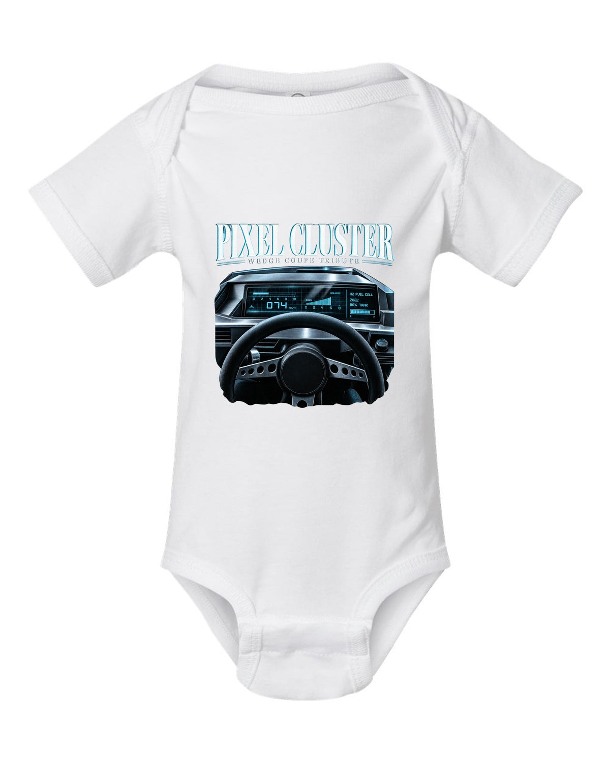 Hyundai N Vision 74 cockpit gauge print with pixel cluster and fuel cell readout white baby onesie front view with the design