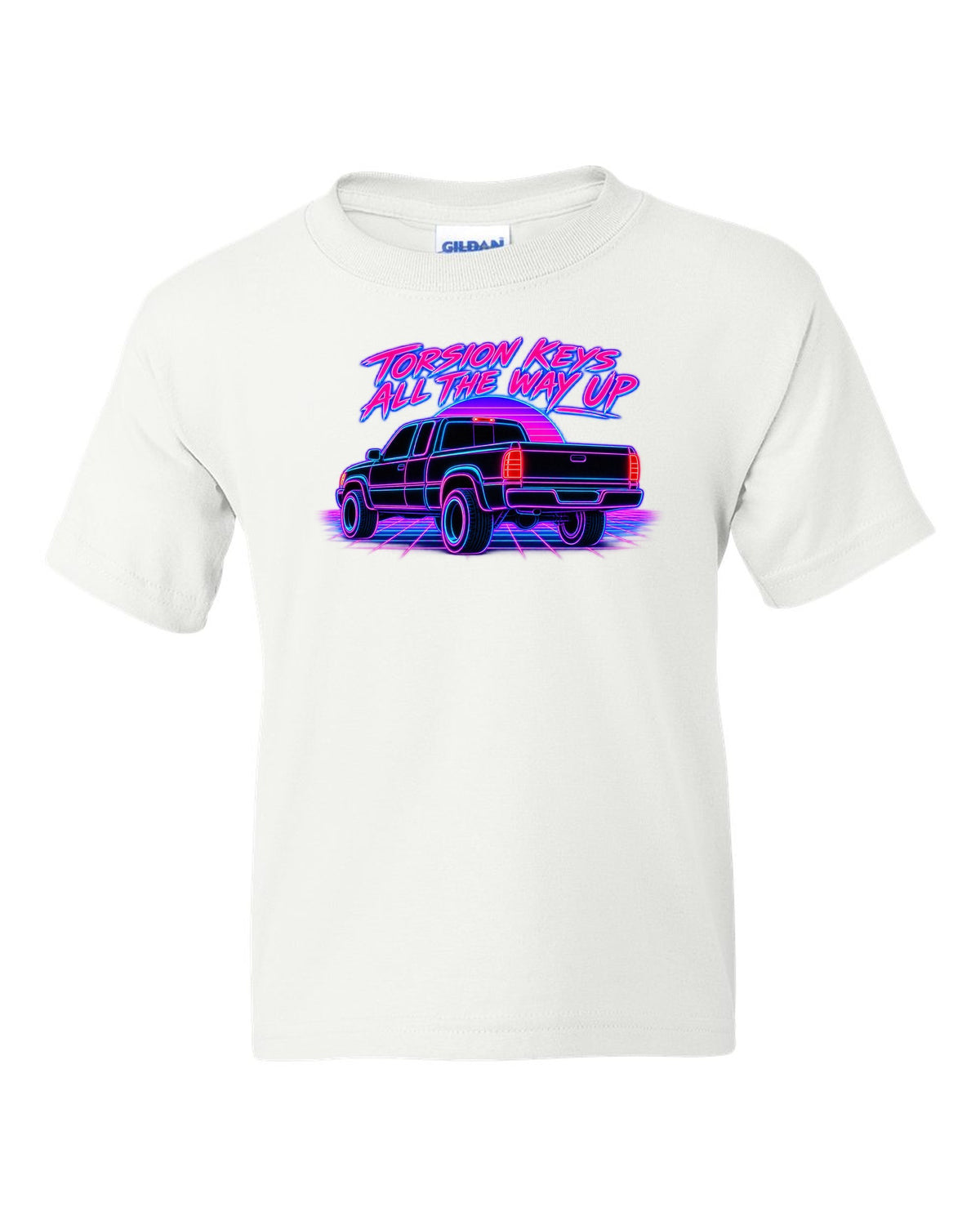 Neon synthwave line print of a 1988-98 Chevrolet GMT400 C1500 OBS extended cab taillight white kids tee front view with the design