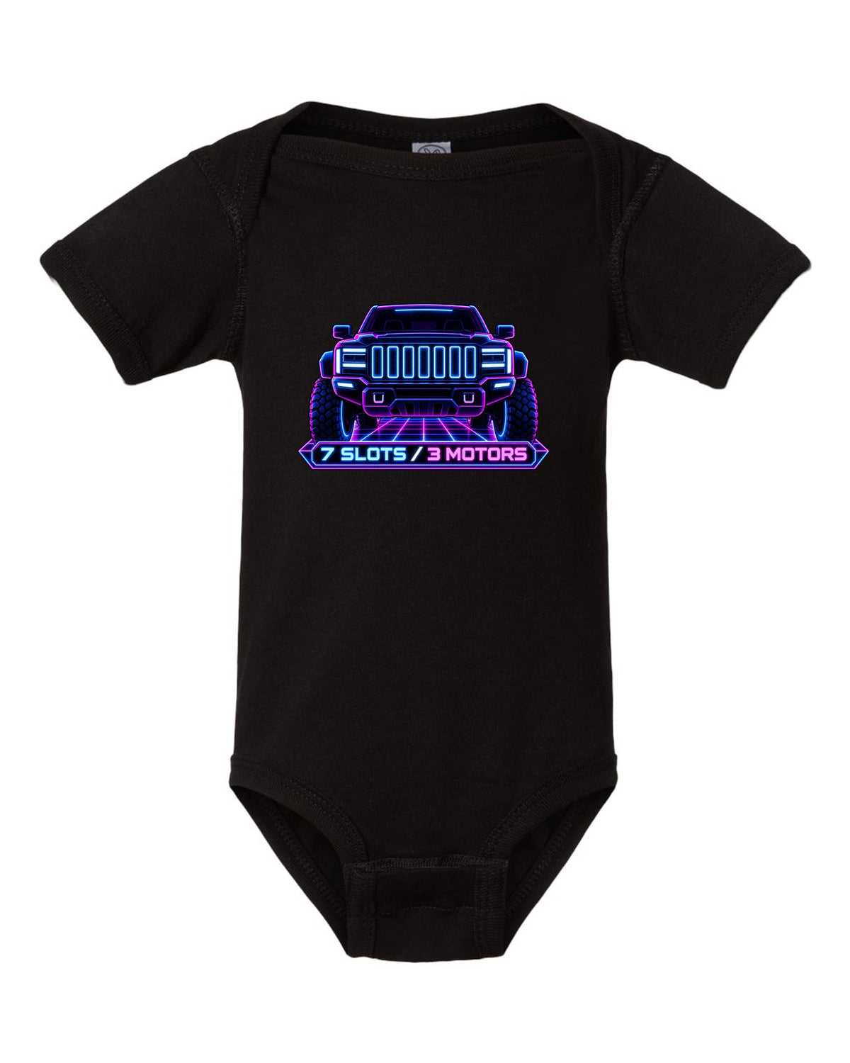GMC Hummer EV neon vector grille panel print with seven slots and three motors black baby onesie front view with the design
