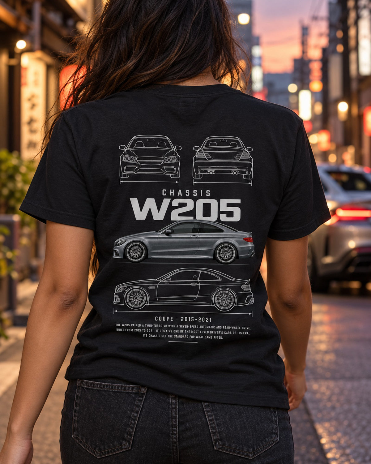 Mercedes C63 AMG (W205) coupe Blueprint Full-Back Graphic Tee, W205 Chassis Code T-Shirt Black worn hero
