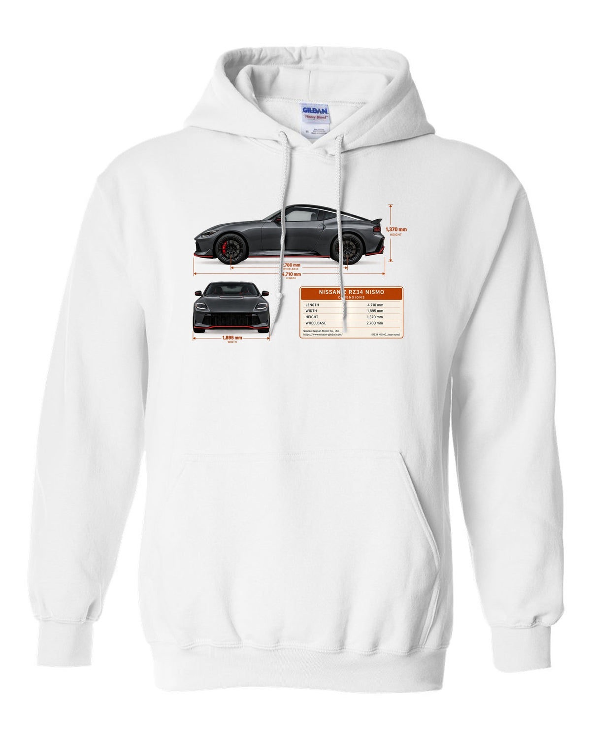 Orange 2024 Nissan Z RZ34 Sport rear view with taillight, ducktail lip and twin round tips white pull over hoodie front view with the design