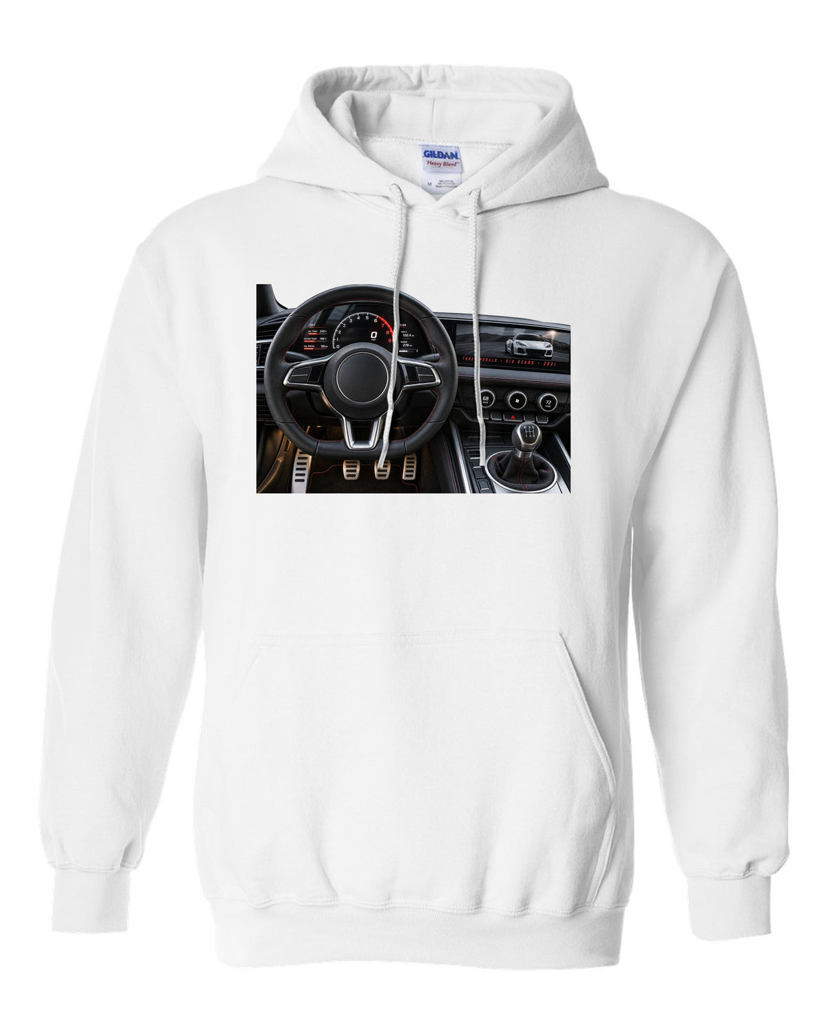 BMW G80 M3 cockpit gauge print with three pedals six gears lettering white pull over hoodie front view with the design