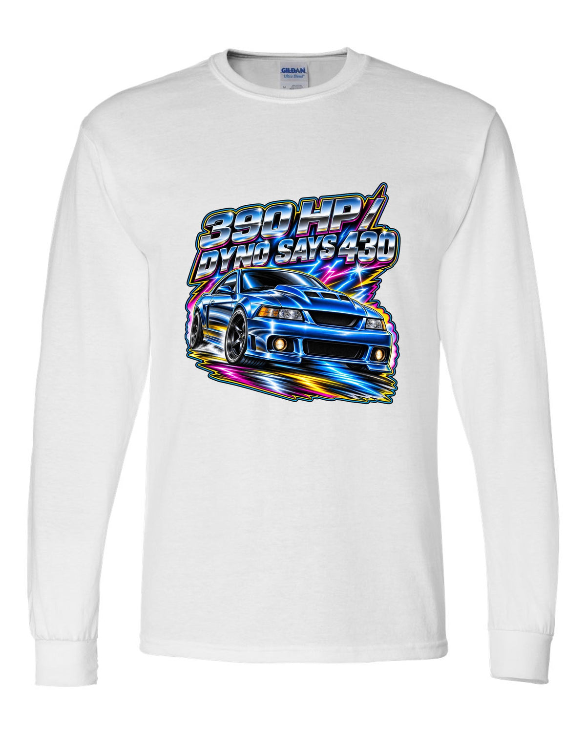80s airbrush chrome 2003 supercharged Ford Mustang coupe with 390 HP text white long sleeve front view with the design