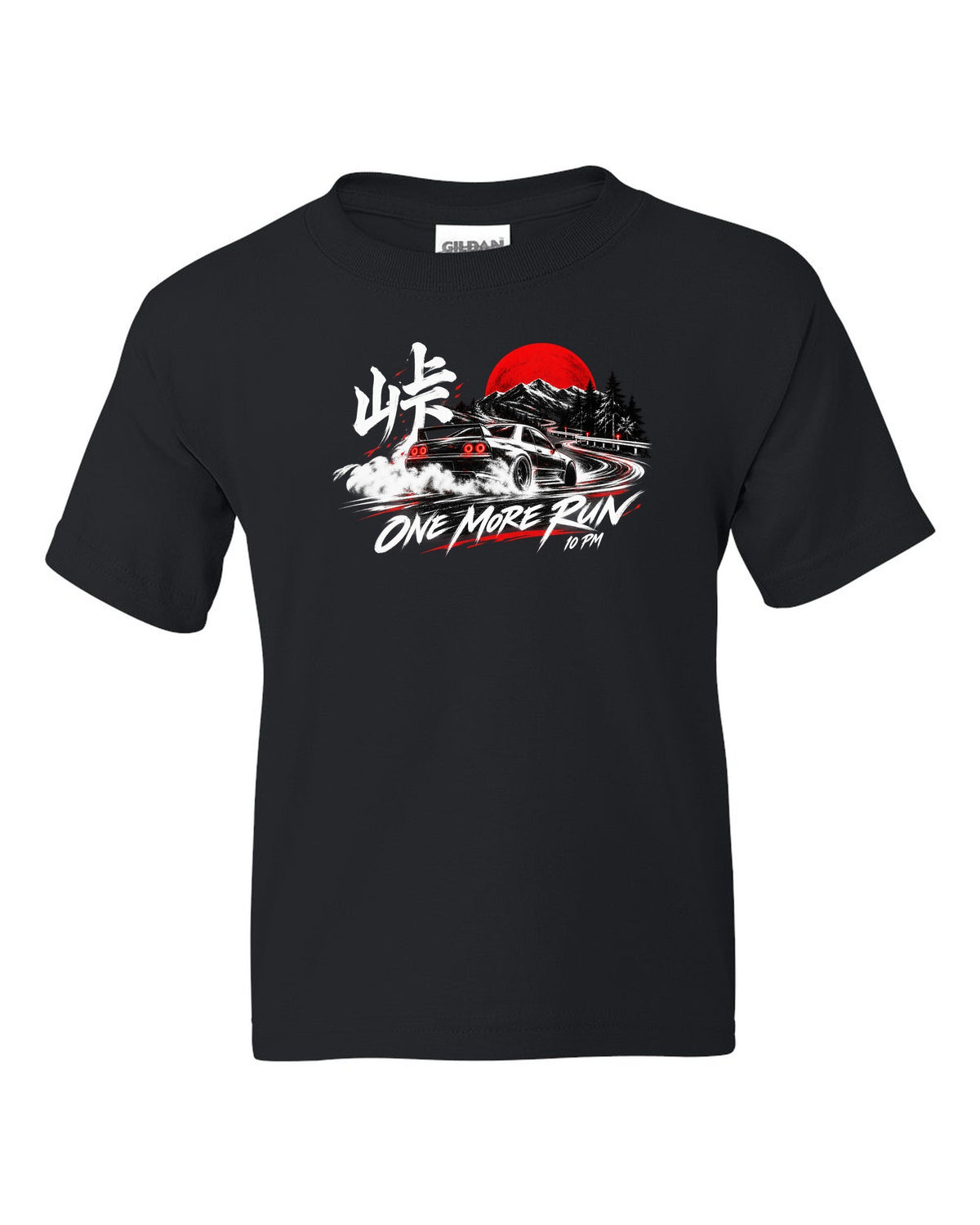 Night cornering print of a Mazda RX-7 FD3S with one more run lettering black kids tee front view with the design