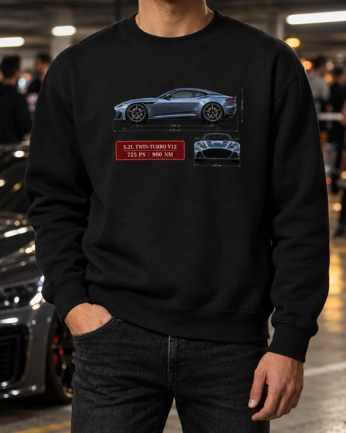 DBS Superleggera Spec Sheet Shirt, Aston Martin 5.2 Twin-Turbo V12 Crewneck Black worn hero