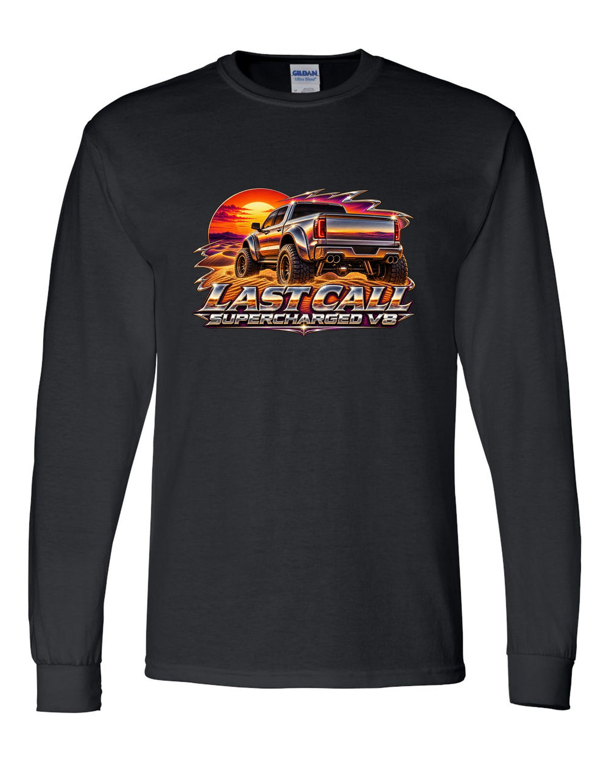 80s chrome airbrush print of a 2024 Ram 1500 TRX Final Edition on a dune with last call supercharged V8 text black long sleeve front view with the design