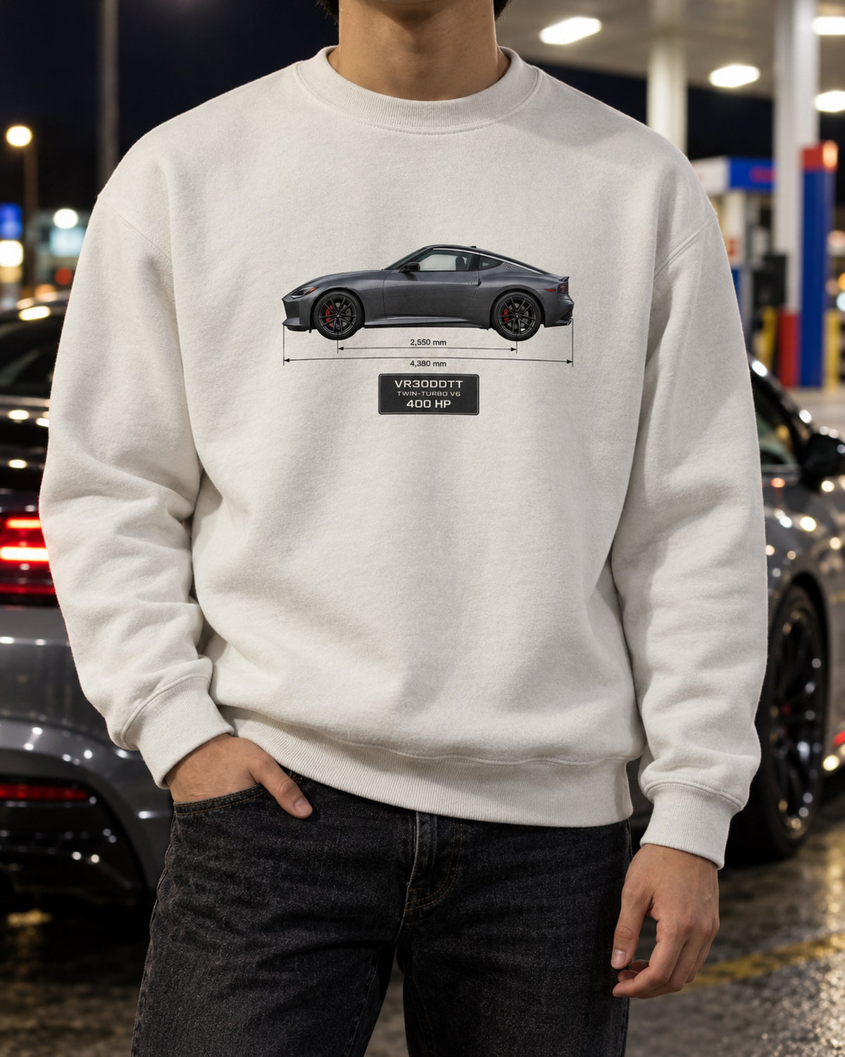 2024 Nissan Z NISMO Spec Panel Shirt, Dossier Print Crewneck White worn hero