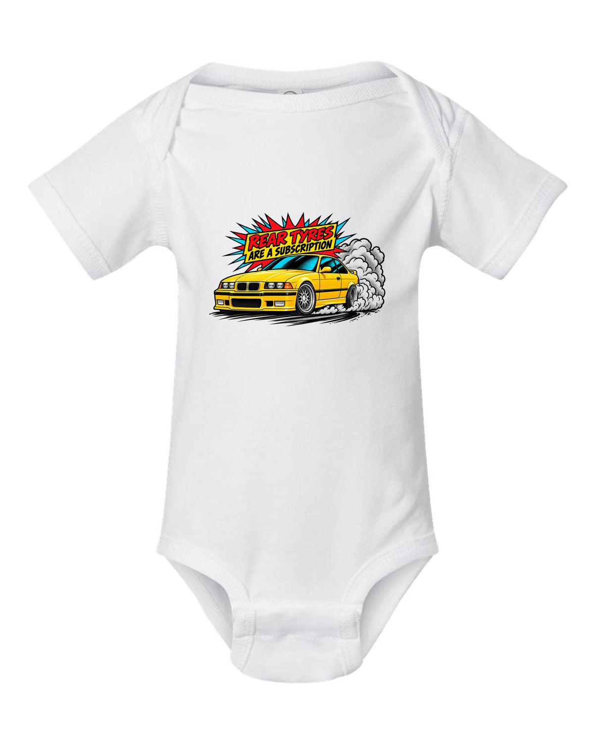 Risograph illustration of the stripped cockpit of a BMW E36 M3 Lightweight 1995 white baby onesie front view with the design