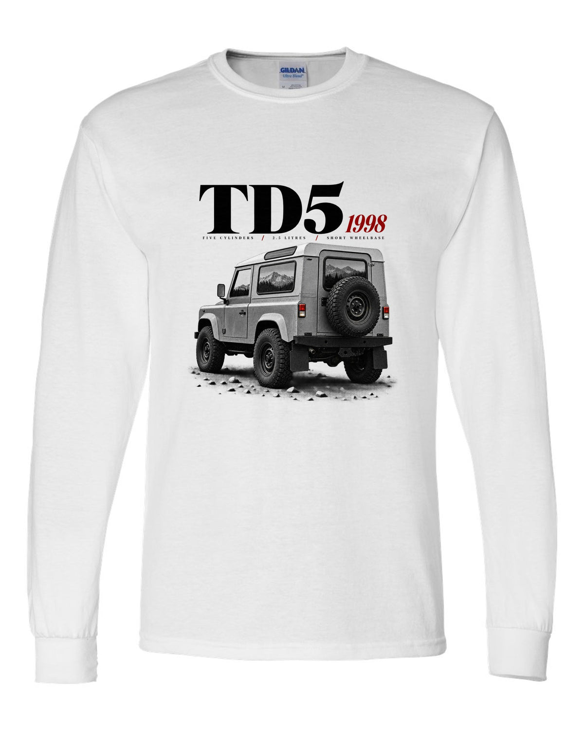Land Rover Defender 90 editorial headline print about the 1998 Td5 engine white long sleeve front view with the design