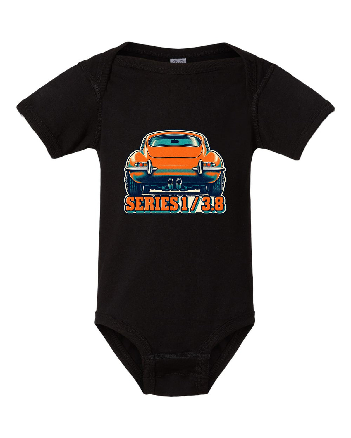 Risograph-style print of a Jaguar E-Type Series 1 taillight with Series 1 and 3.8 lettering black baby onesie front view with the design