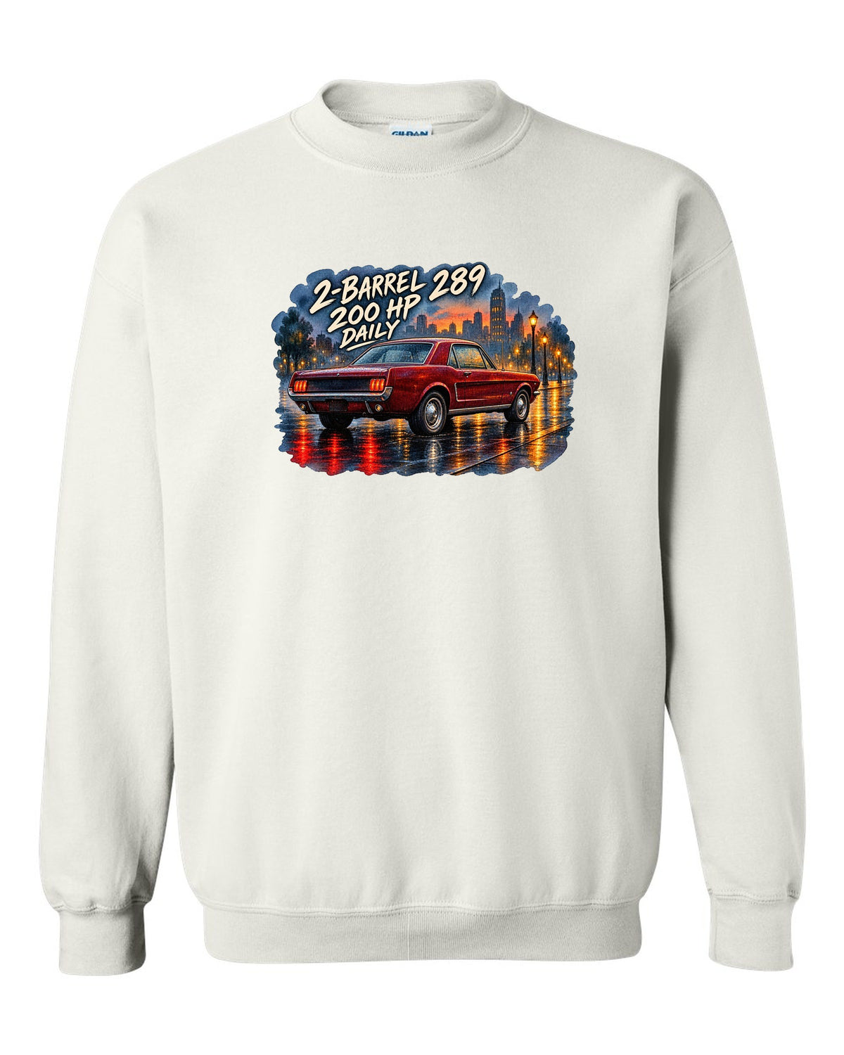 Watercolour wet-road night print of a 1965 Ford Mustang coupe with 2-barrel 289 text white crewneck front view with the design