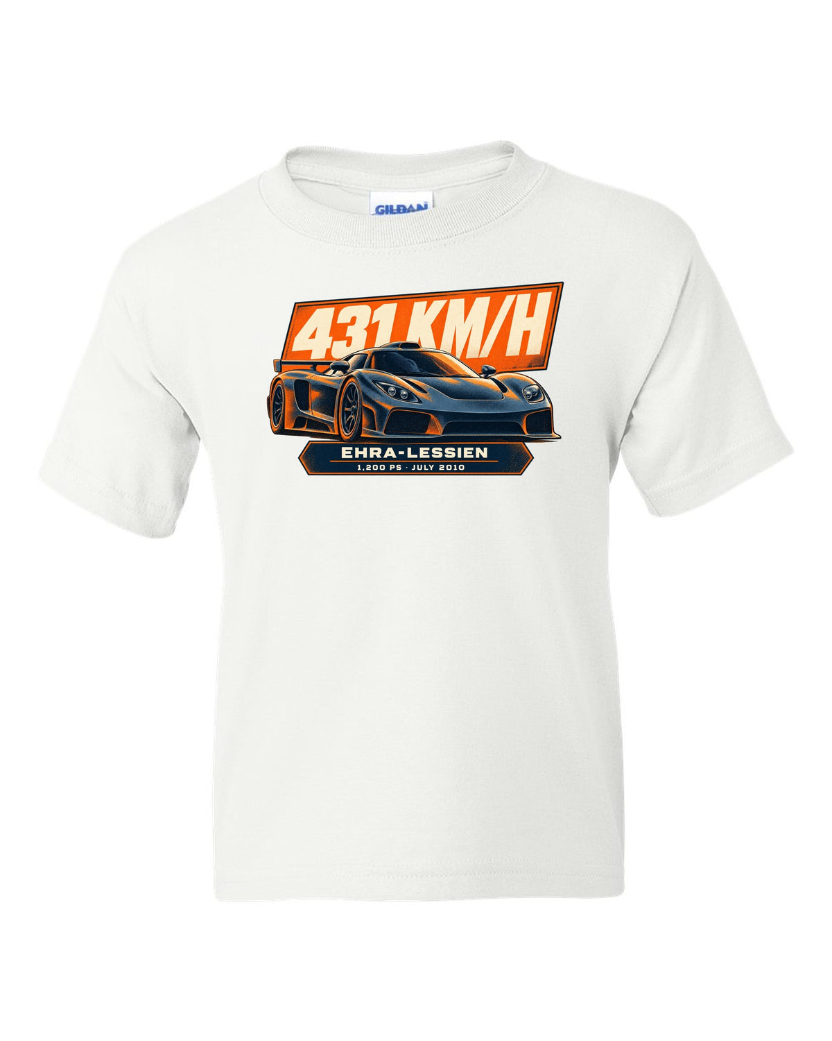 Halftone poster-style Bugatti Veyron 16.4 Super Sport with record-run text on the front of a tee white kids tee front view with the design