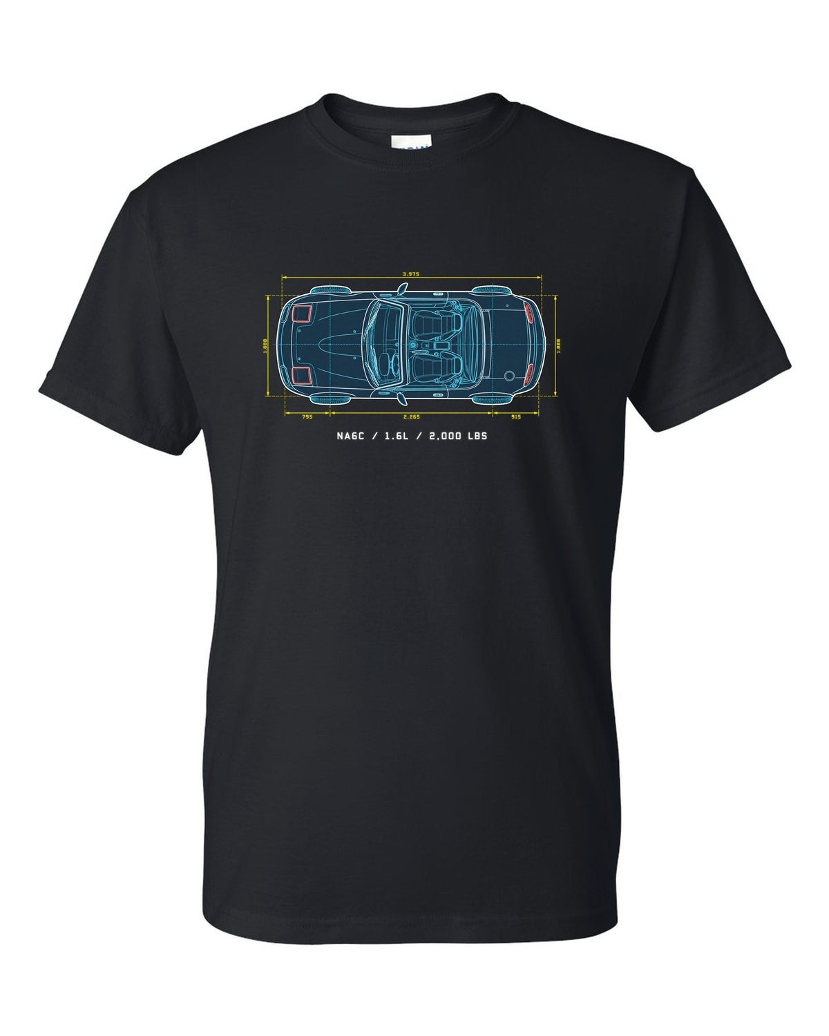 Technical blueprint line art of the Mazda MX-5 NA6C with 1.6L and 2,000 lbs text black t-shirt front view with the design