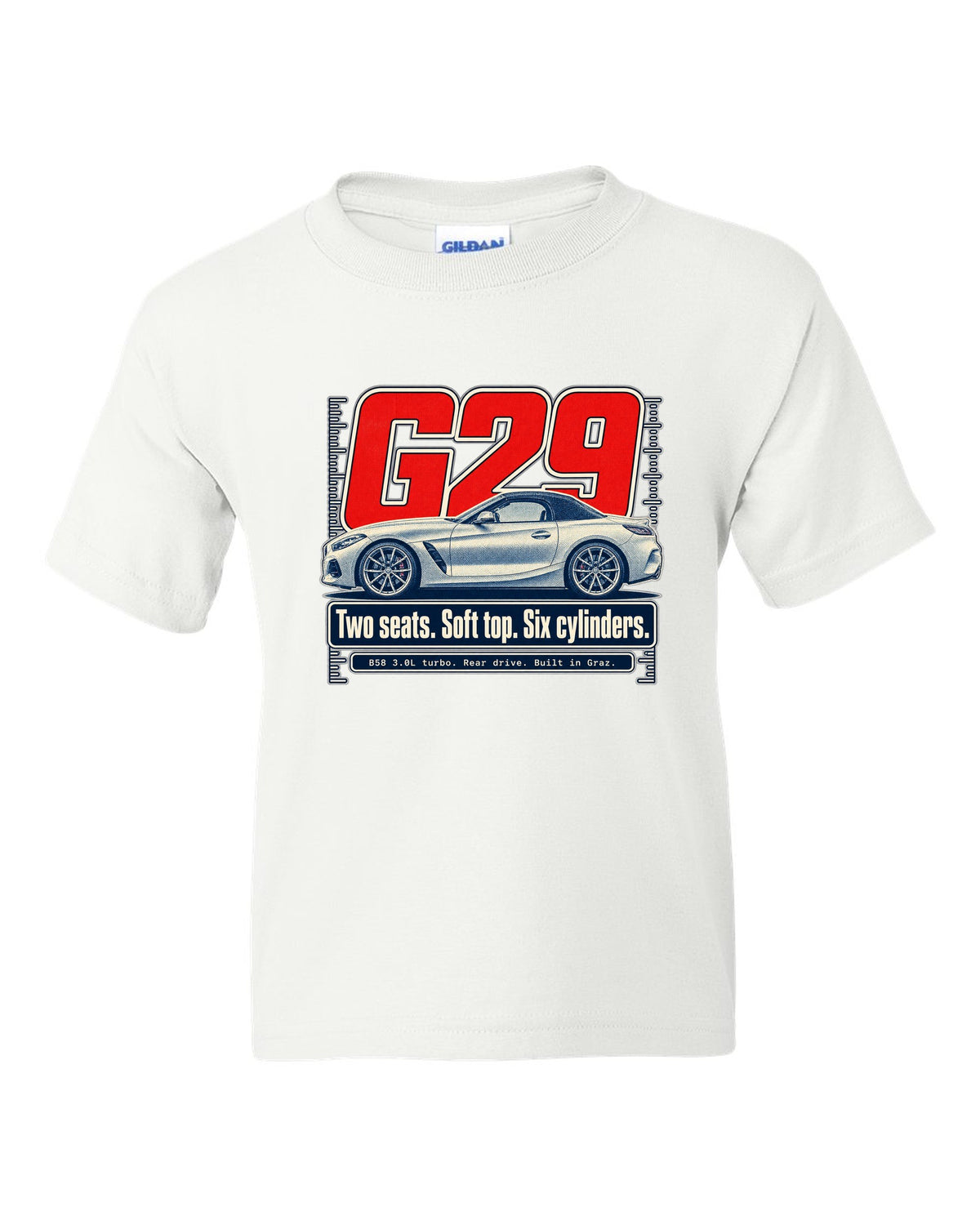 Halftone print of the BMW Z4 G29 roadster with two seats and six cylinders text white kids tee front view with the design