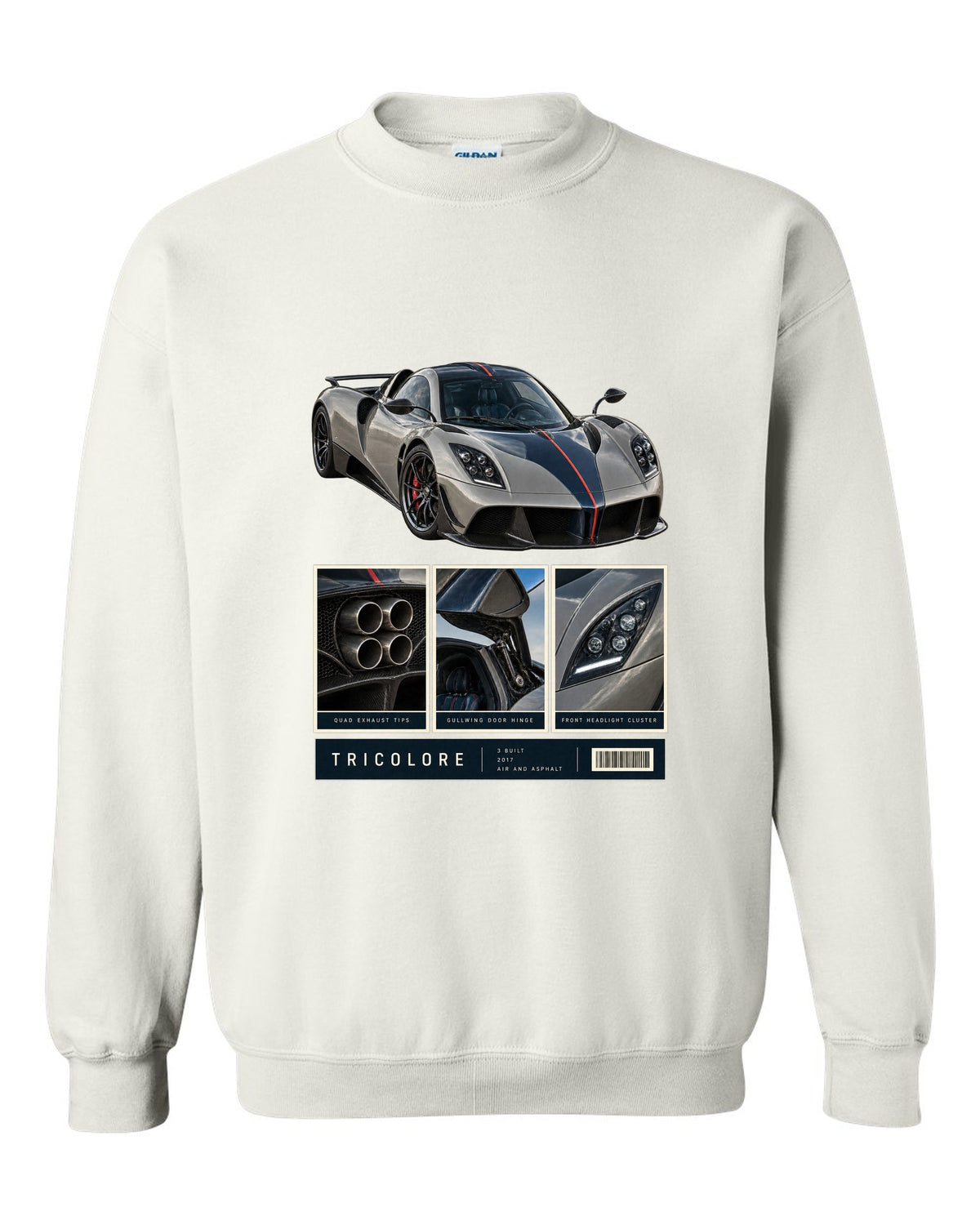 Dossier panel print of the Pagani Huayra Tricolore with the text Tricolore, 3 built, 2017, air and asphalt white crewneck front view with the design