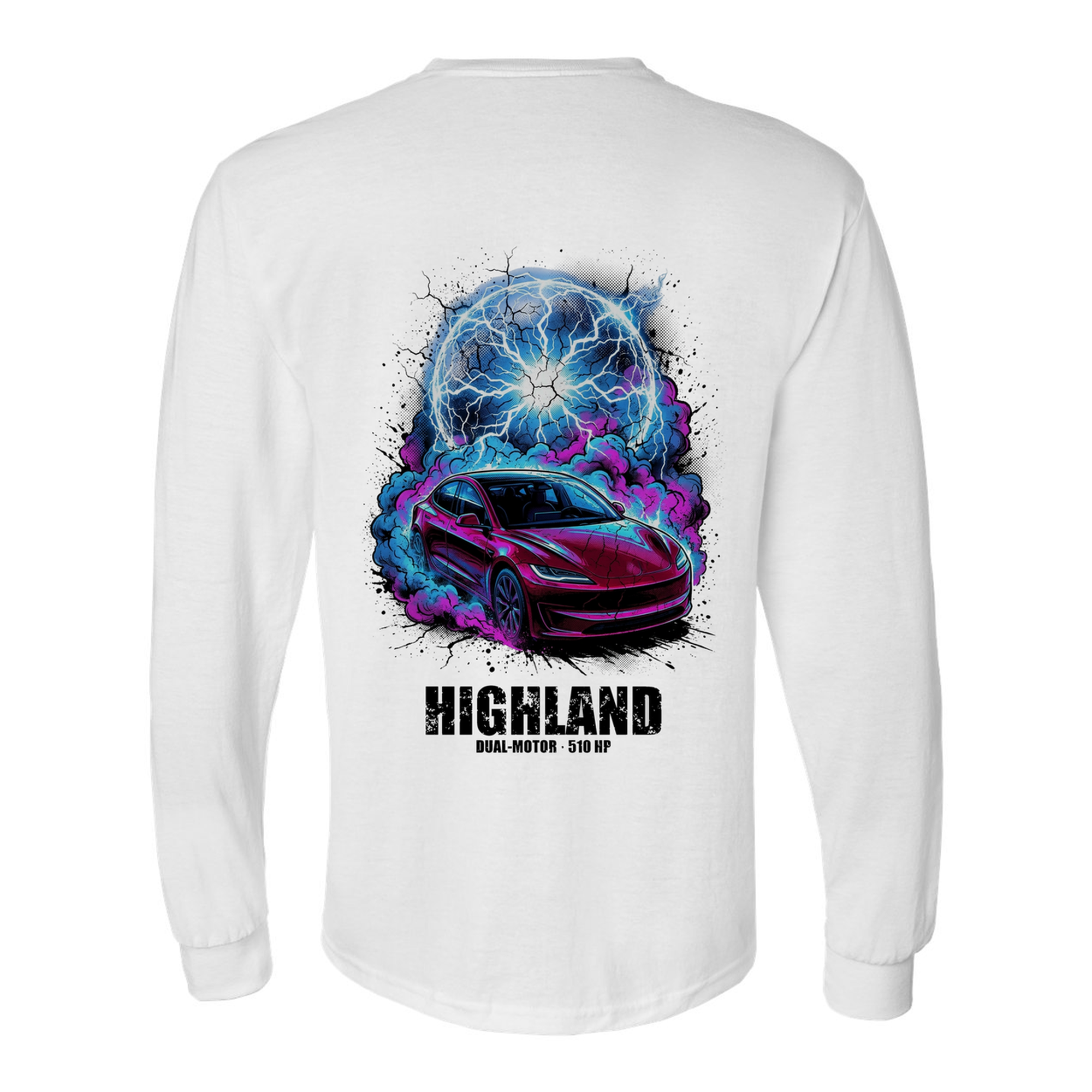 Tesla Model 3 Highland Long Sleeve T-Shirt — White back