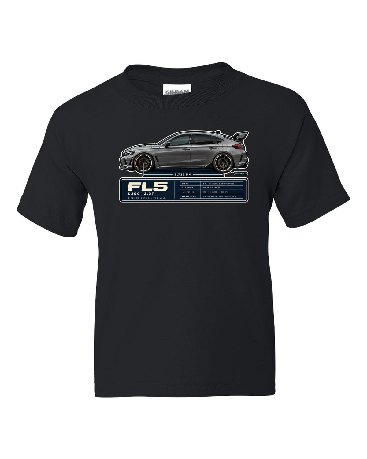 Honda Civic Type R FL5 Wheelbase Blueprint black kids tee front view with the design