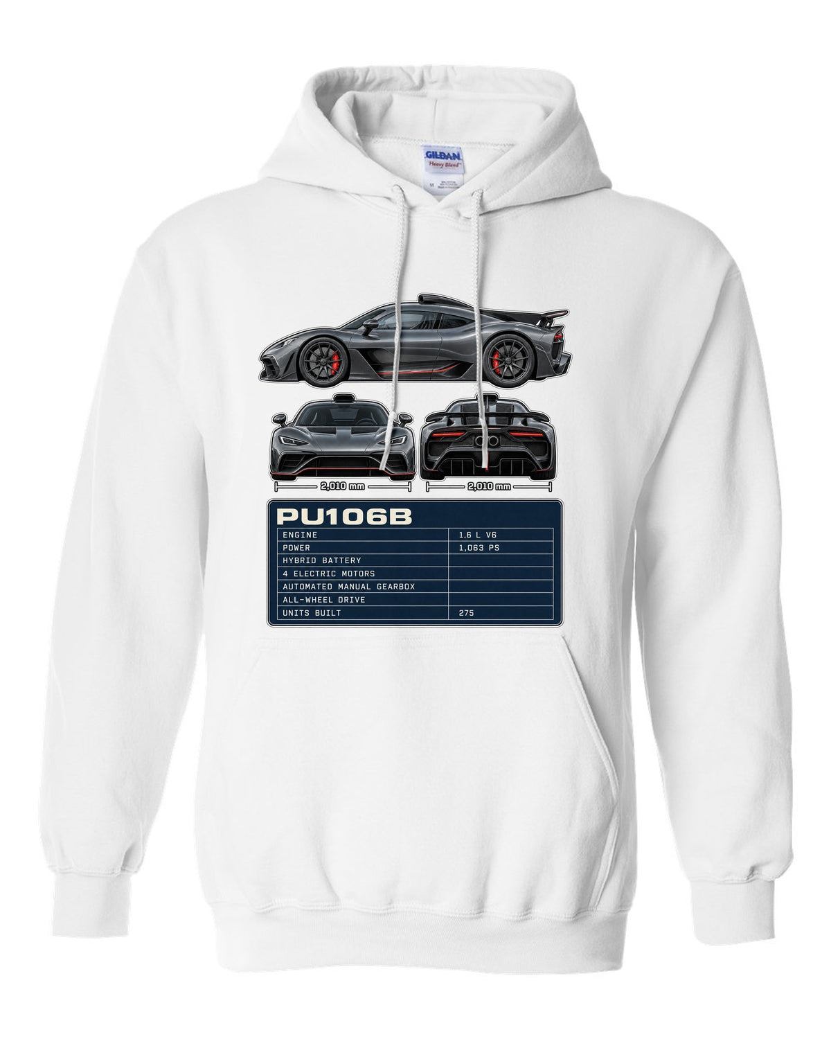 Mercedes-AMG One three-view drawing with PU106B spec table white pull over hoodie front view with the design