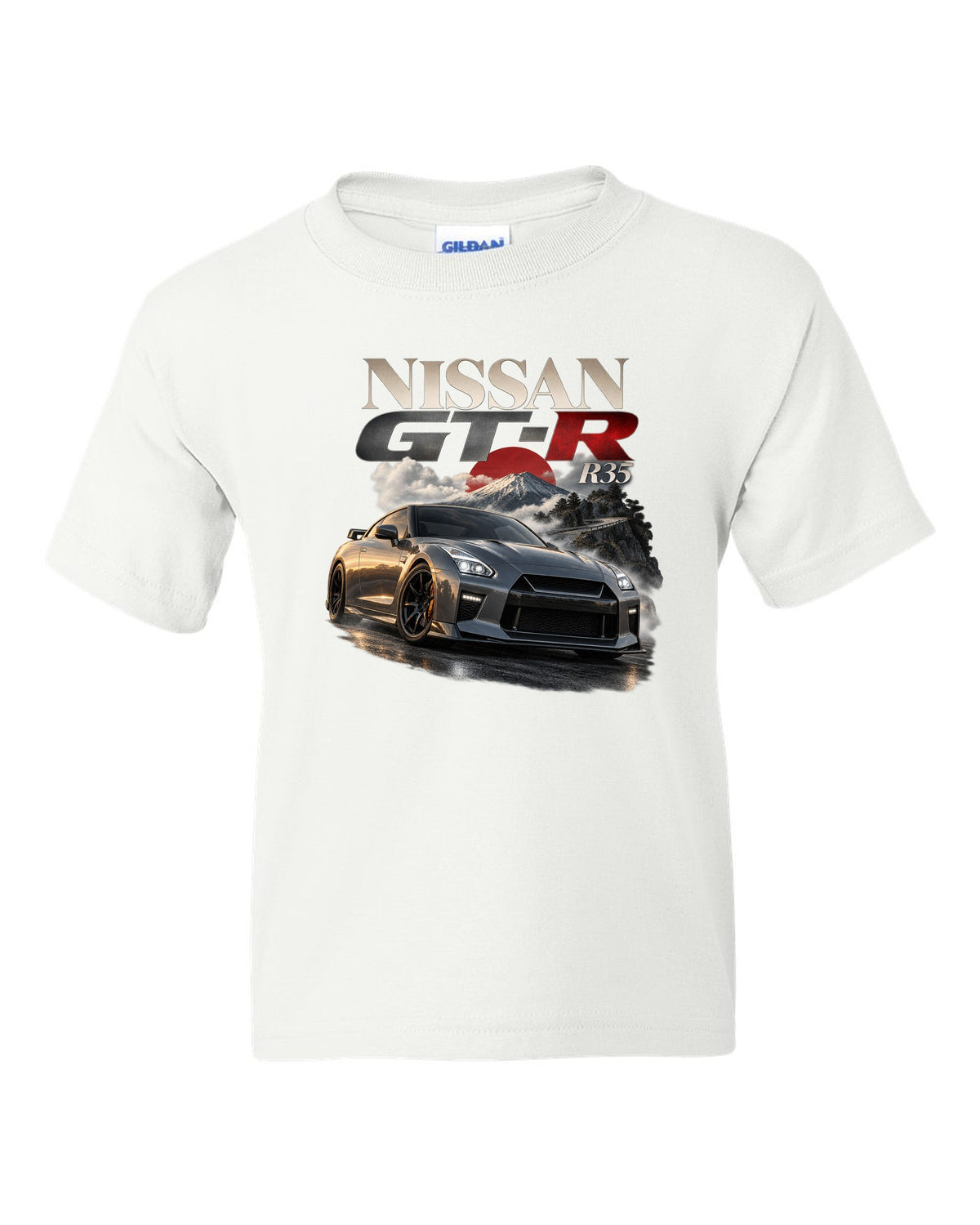 Nissan GT-R R35 2017 facelift in blue on a spec poster layout white kids tee front view with the design