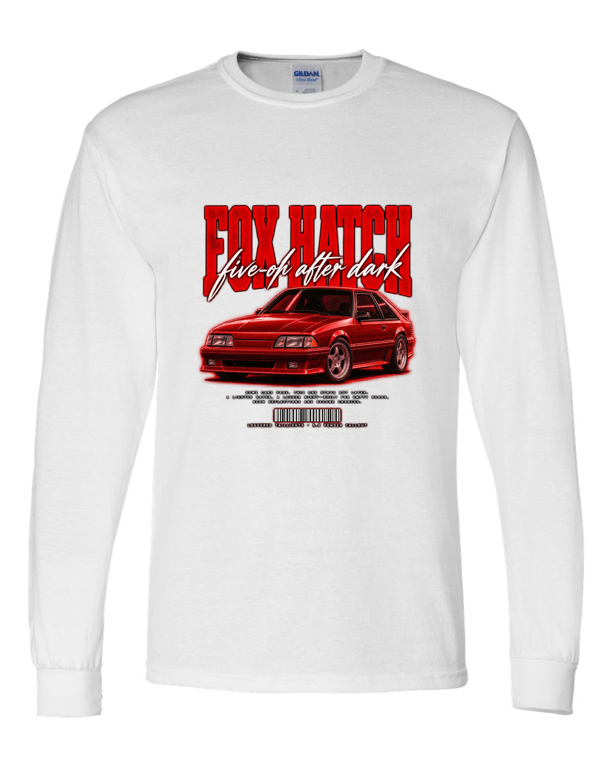 Street poster illustration of a Ford Mustang Fox body GT chback at night, five-oh after dark white long sleeve front view with the design