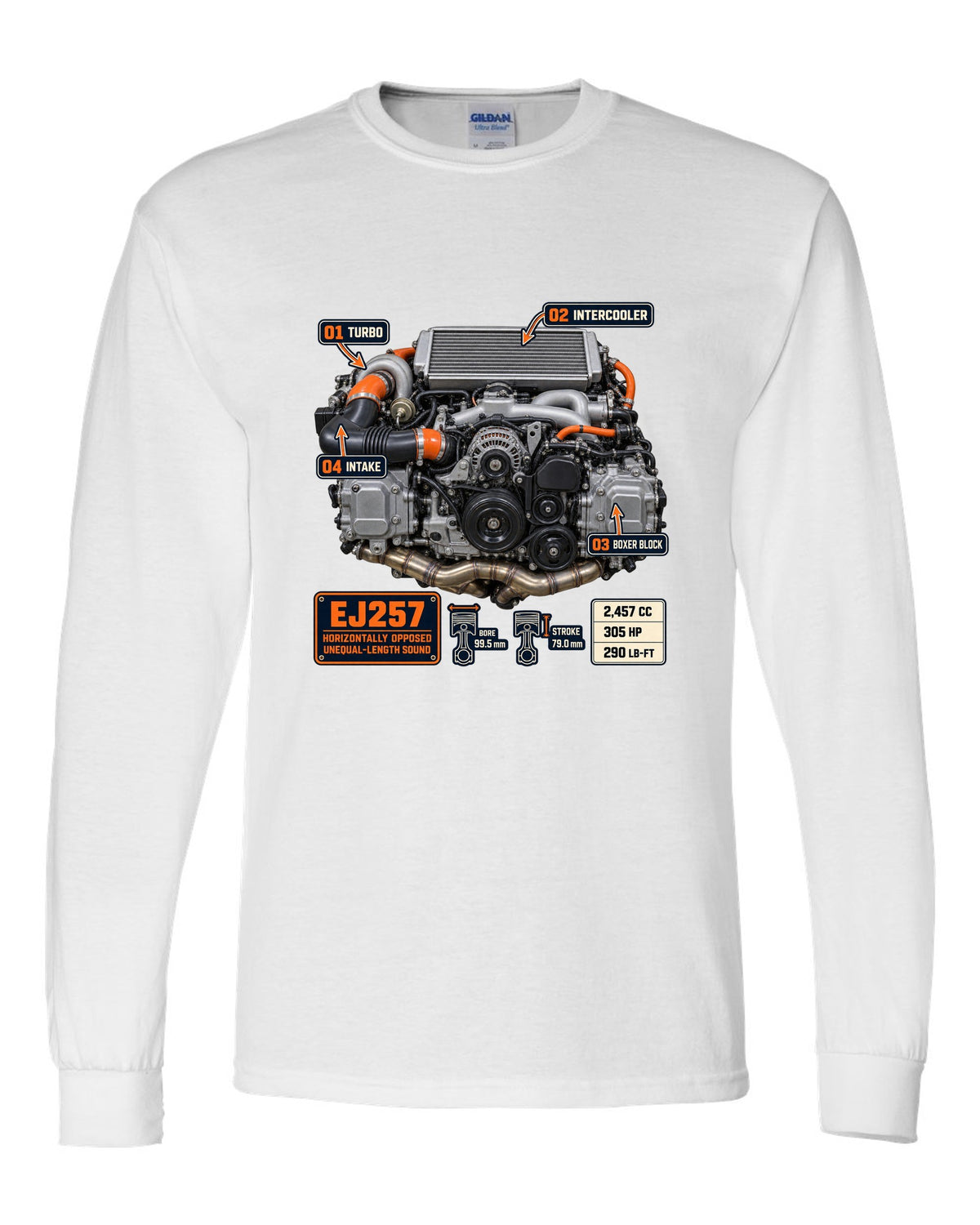 Poster-style print of a Subaru EJ257 boxer engine from the WRX STI VA with technical callouts white long sleeve front view with the design