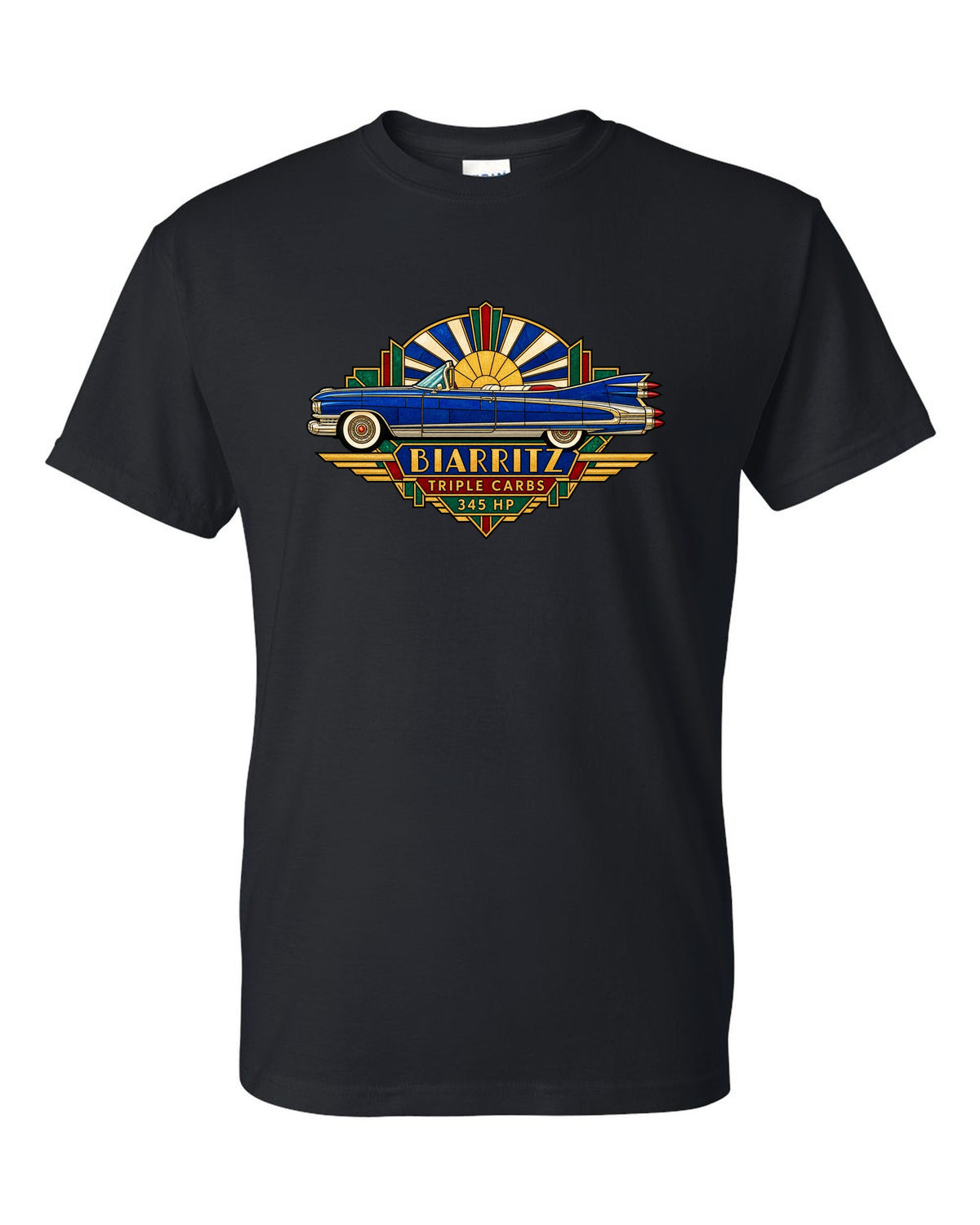 1959 Cadillac Eldorado Biarritz in Art Deco stained-glass geometric style black t-shirt front view with the design