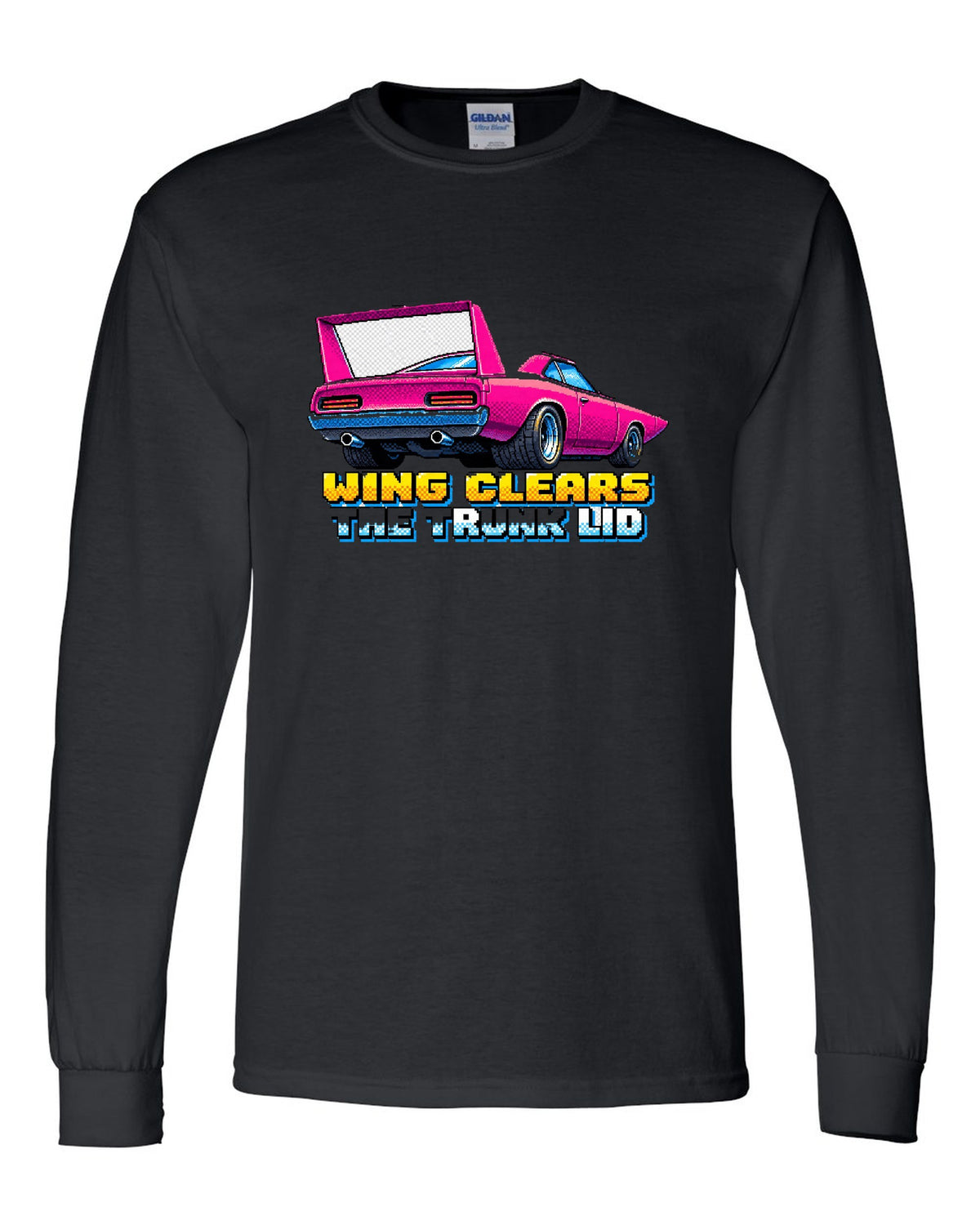 1970 Plymouth Superbird 16-bit pixel art print with Wing Clears The Trunk Lid text black long sleeve front view with the design
