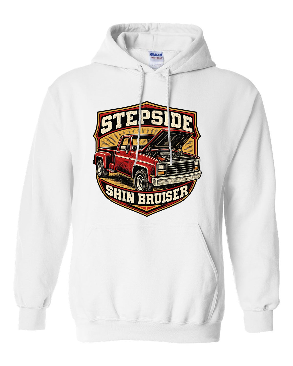 Linocut woodcut print of a 1973-87 Chevrolet C10 Squarebody Stepside with hood up and shin bruiser text white pull over hoodie front view with the design