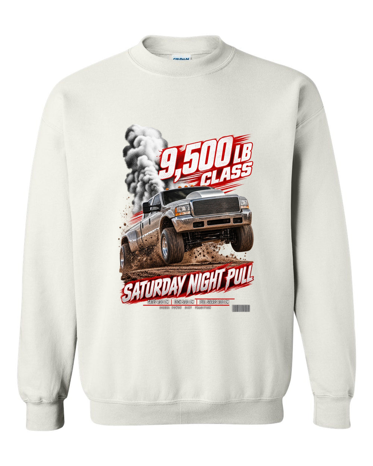 Race poster of a 1998.5-2002 Ram 2500 24V with the text 9,500 lb class, Saturday night pull white crewneck front view with the design