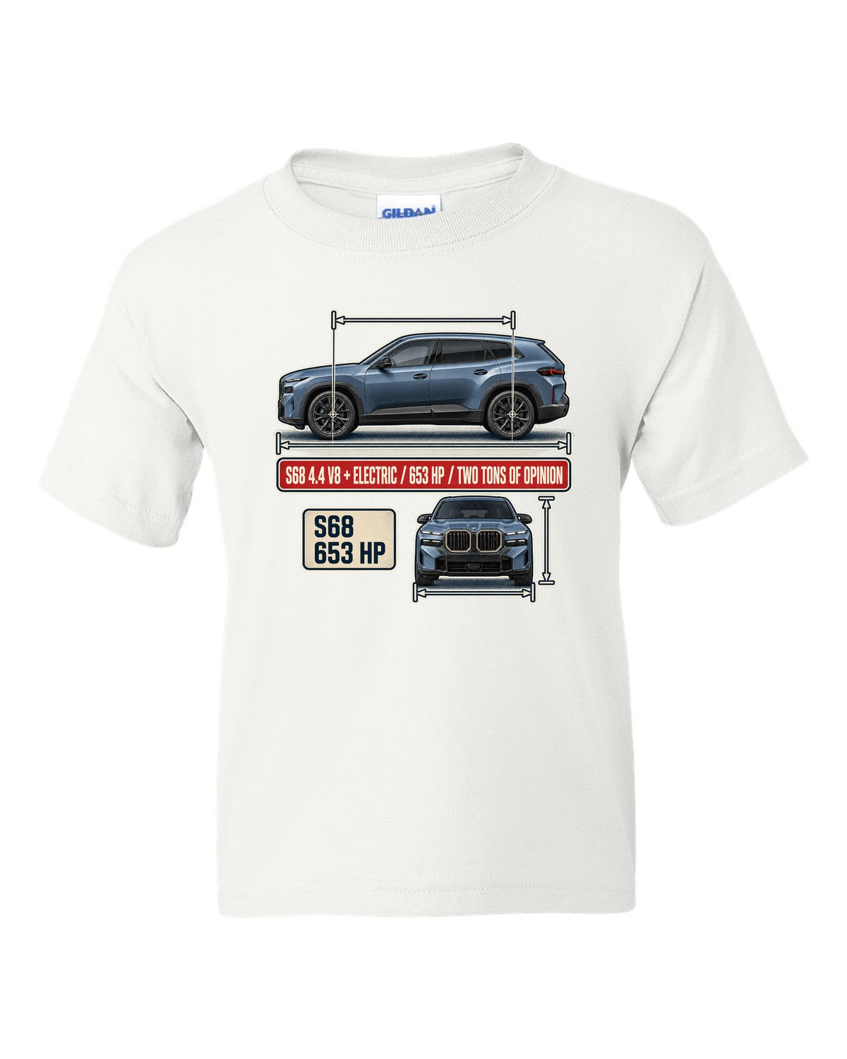BMW XM G09 dimension blueprint print on a tee white kids tee front view with the design