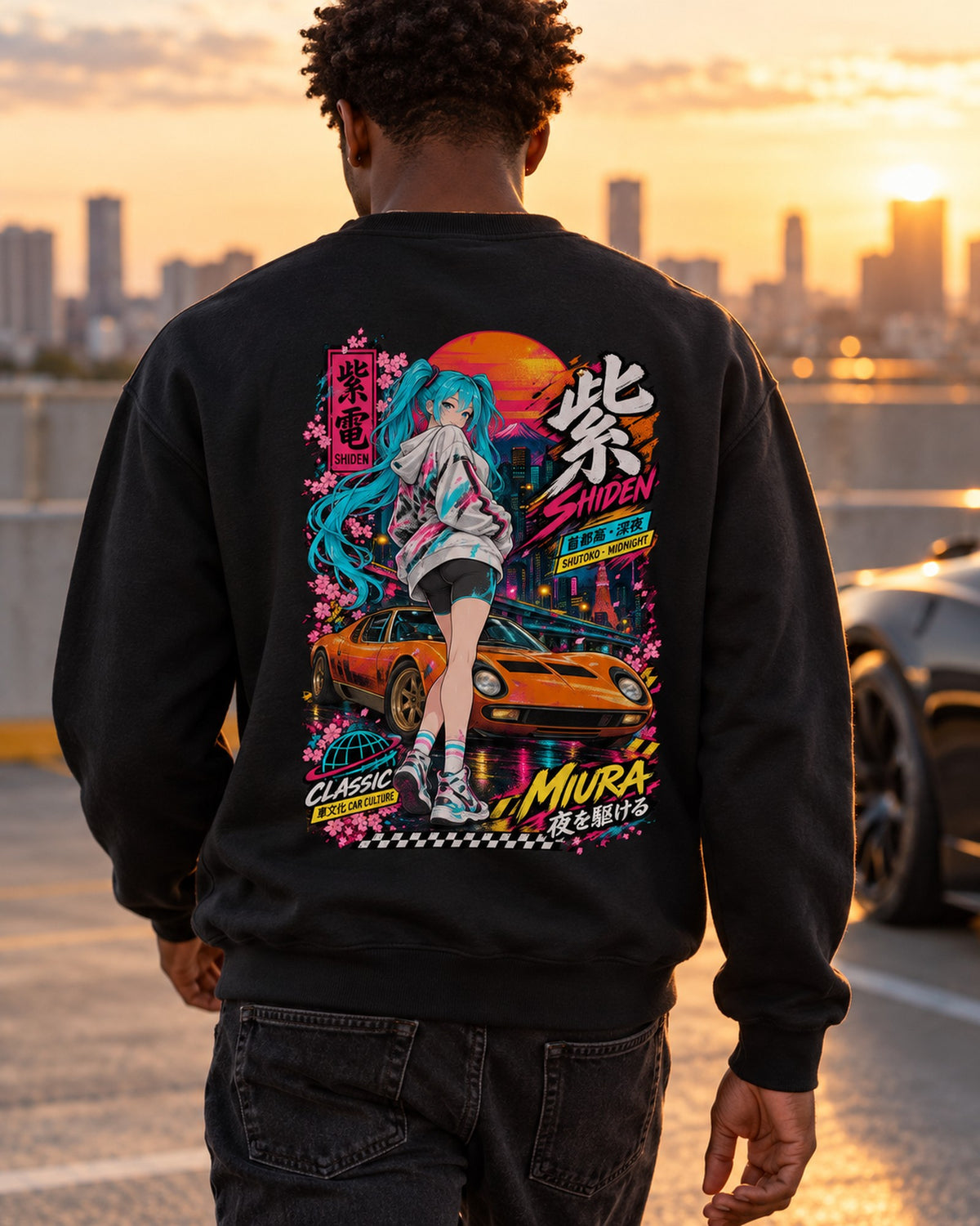 SHIDEN MIURA Anime Girl Full-Back Graphic Tee Crewneck Black worn hero