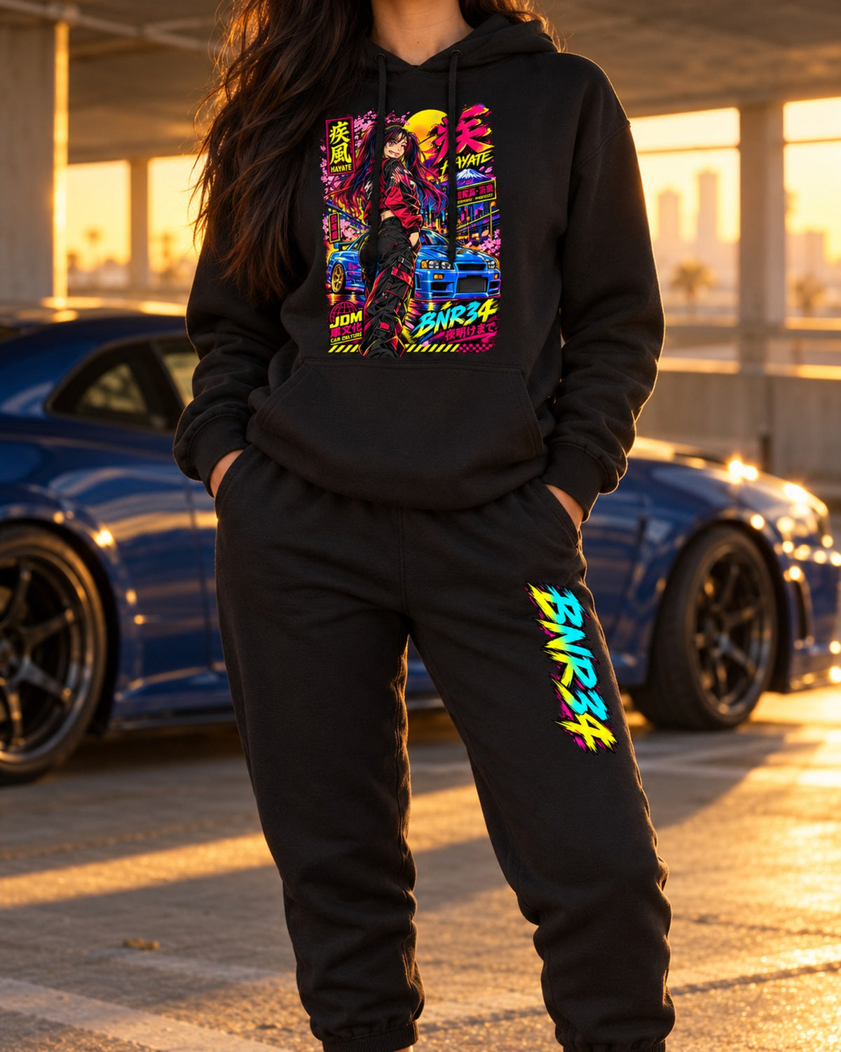 Girl Hayate BNR34 Anime Girl Poster Hoodie + Jogger Set Black worn hero