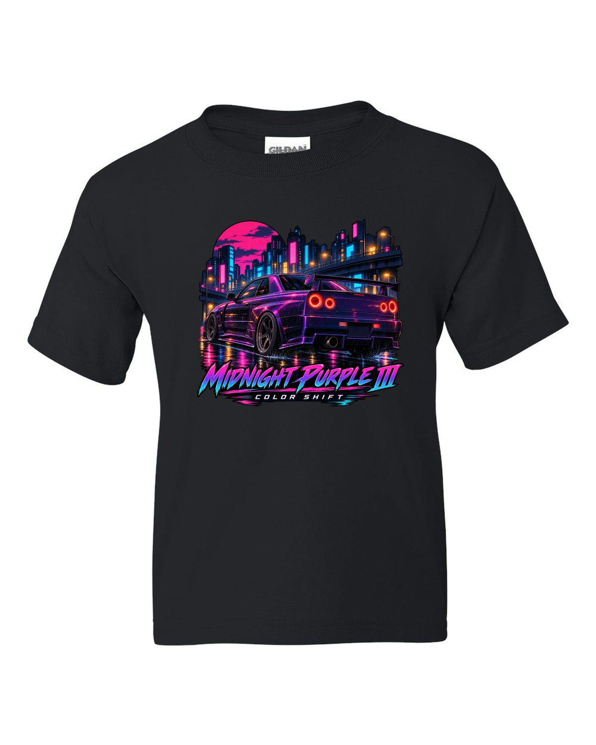 Cel-shaded anime night street print of a Midnight Purple III Nissan Skyline GT-R R34 BNR34 black kids tee front view with the design