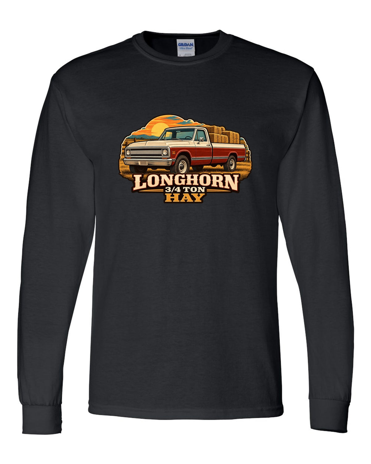 Vintage dealer-ad print of a 1967-72 Chevrolet C20 Longhorn with Longhorn 3/4 Ton Hay text black long sleeve front view with the design