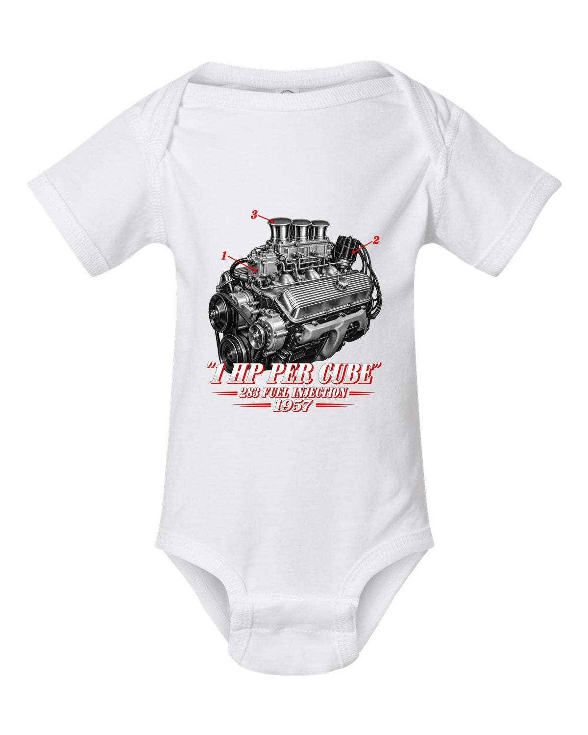 Chevrolet Corvette C1 1957 fuel-injected 283 engine print white baby onesie front view with the design