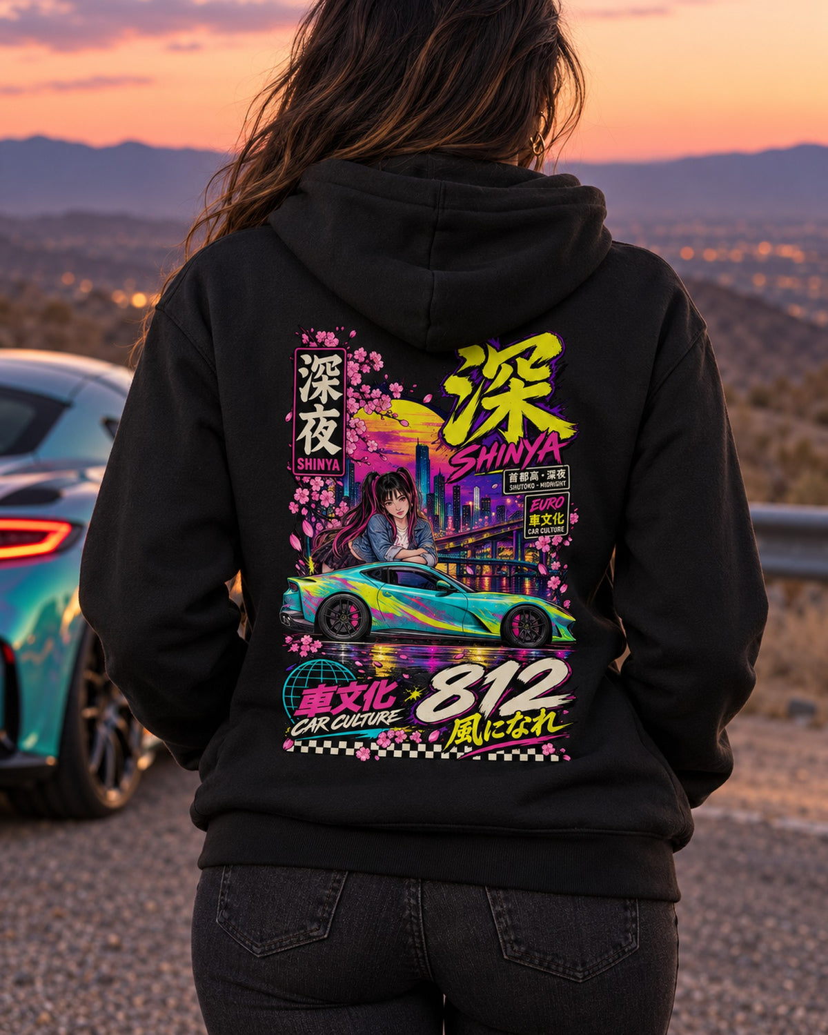 SHINYA 812 Anime Girl Full-Back Graphic Tee Zip Hoodie Black worn hero