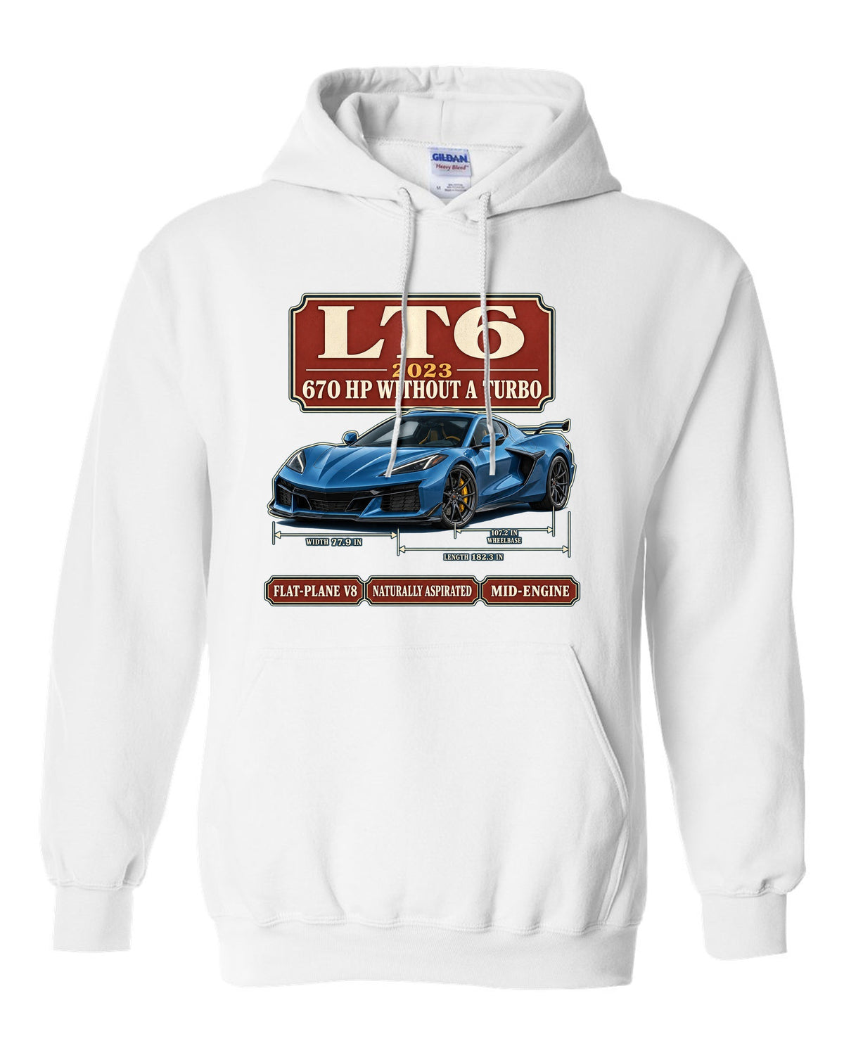 print of a Chevrolet Corvette C8 Z06 in an archive panel layout with LT6 and 670 HP text white pull over hoodie front view with the design