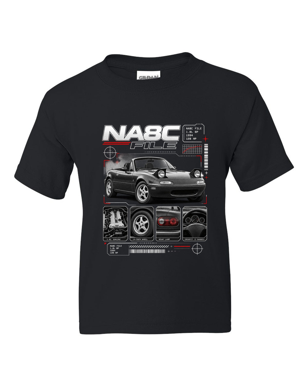 Dossier panel print of a Mazda MX-5 NA Eunos Roadster with NA8C spec lettering black kids tee front view with the design