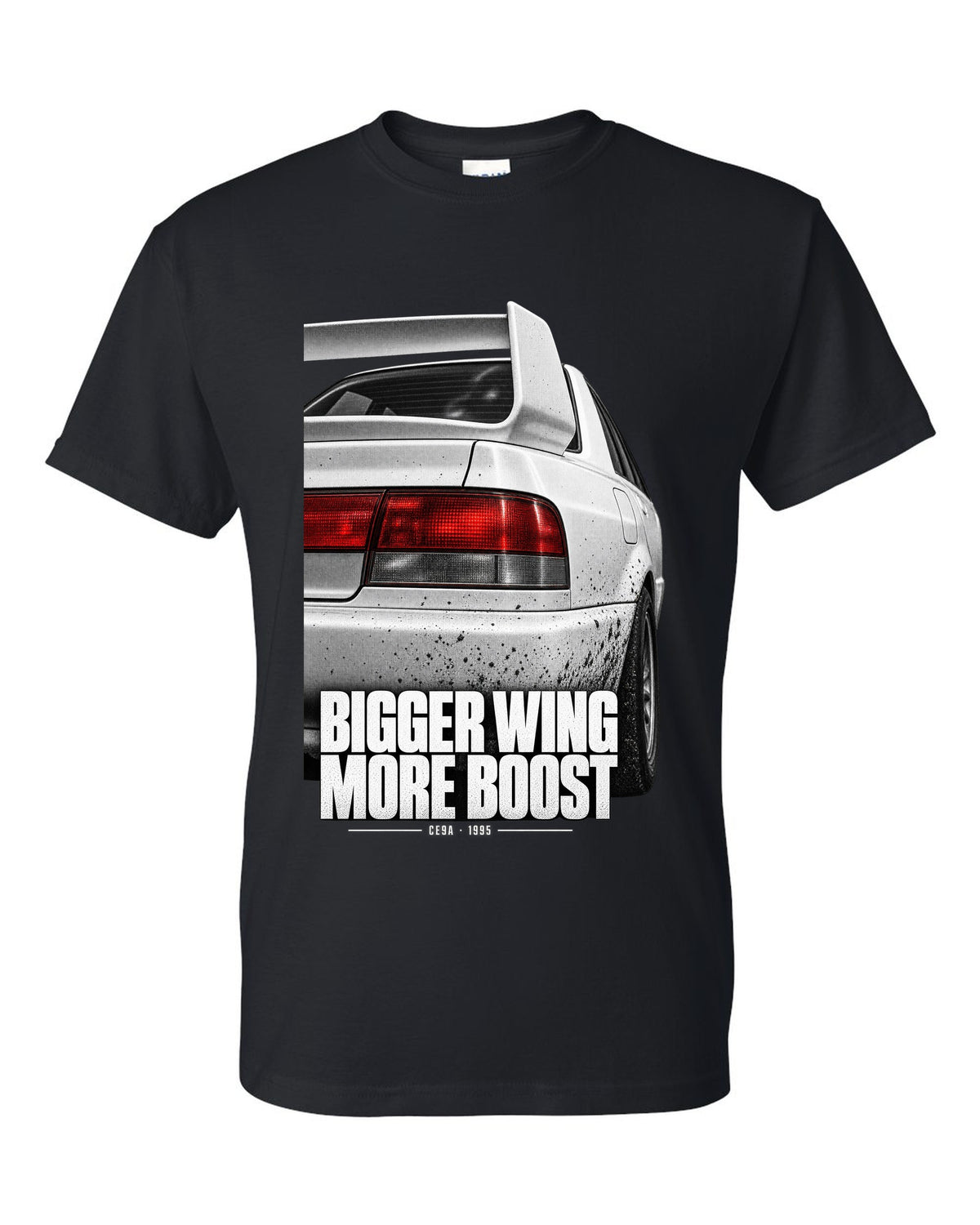 Tail and wing macro print for the Mitsubishi Lancer Evolution III CE9A reading Bigger Wing, More Boost black t-shirt front view with the design