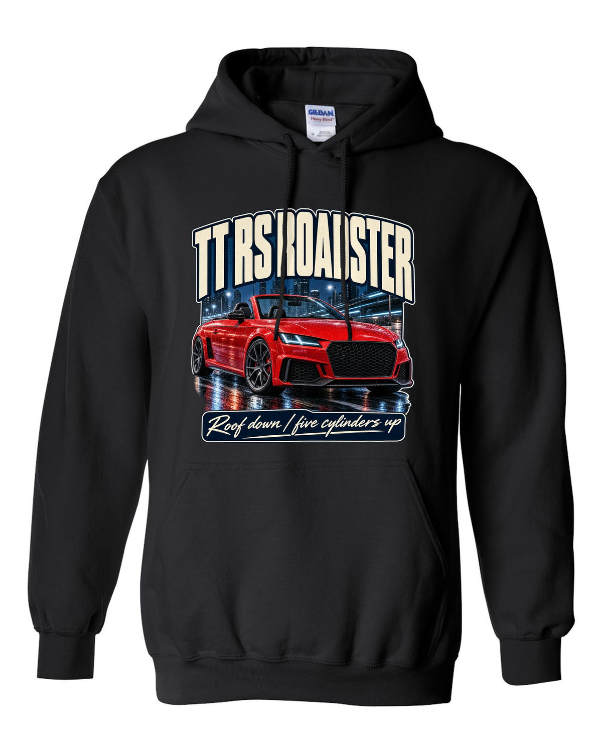 Audi TT RS Roadster 8S street poster print, roof down black pull over hoodie front view with the design