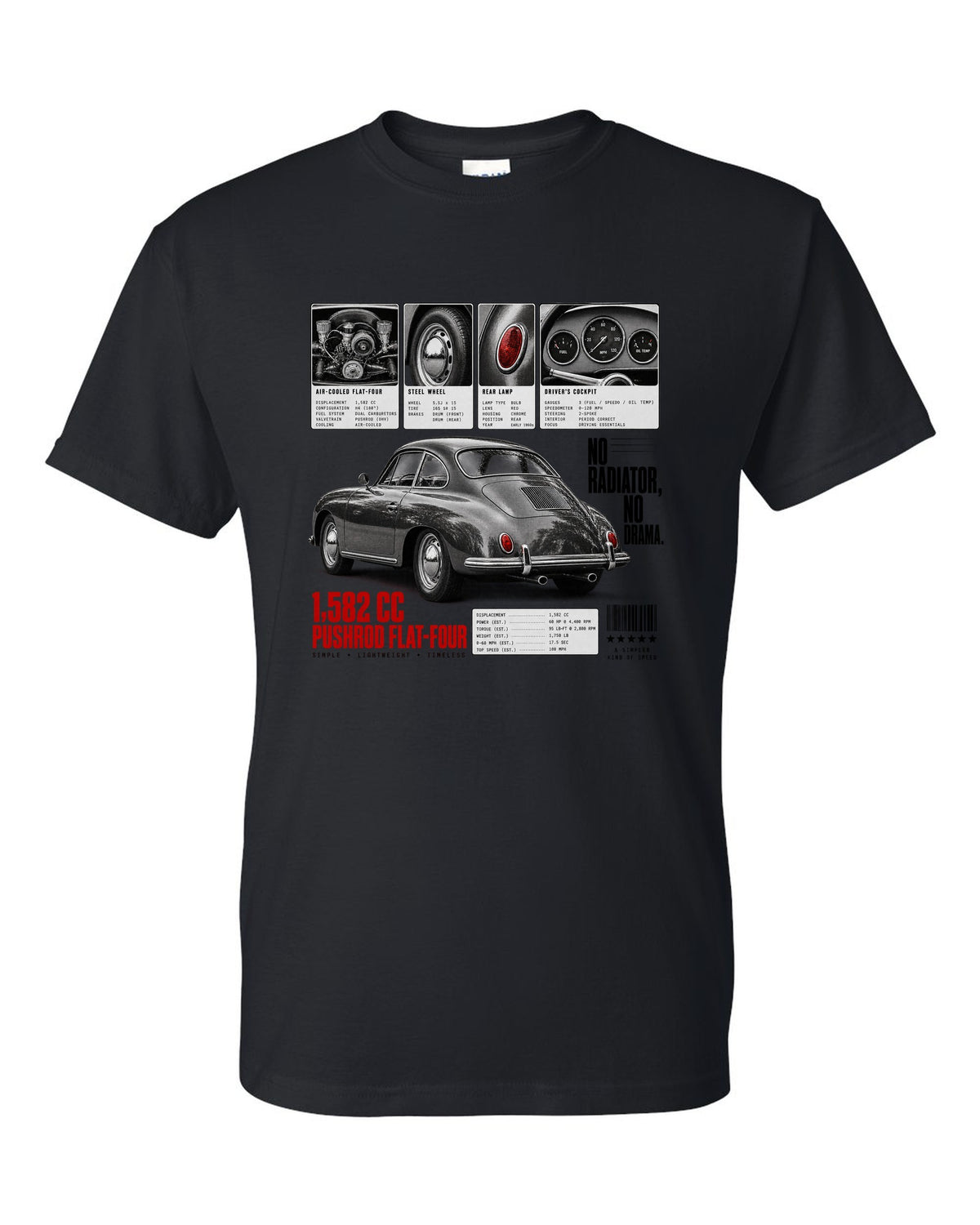 Dossier panel print of a Porsche 356 B coupe with 1,582 cc flat-four and no radiator text black t-shirt front view with the design