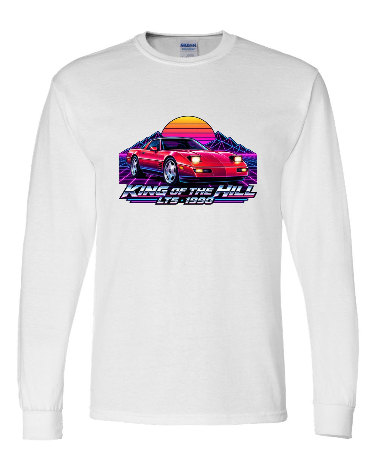 Synthwave neon horizon print of a 1990 Chevrolet Corvette C4 ZR-1 with King of the Hill LT5 lettering white long sleeve front view with the design